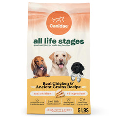 Canidae All Life Stages bag shows real chicken and ancient grains, ideal for all ages.