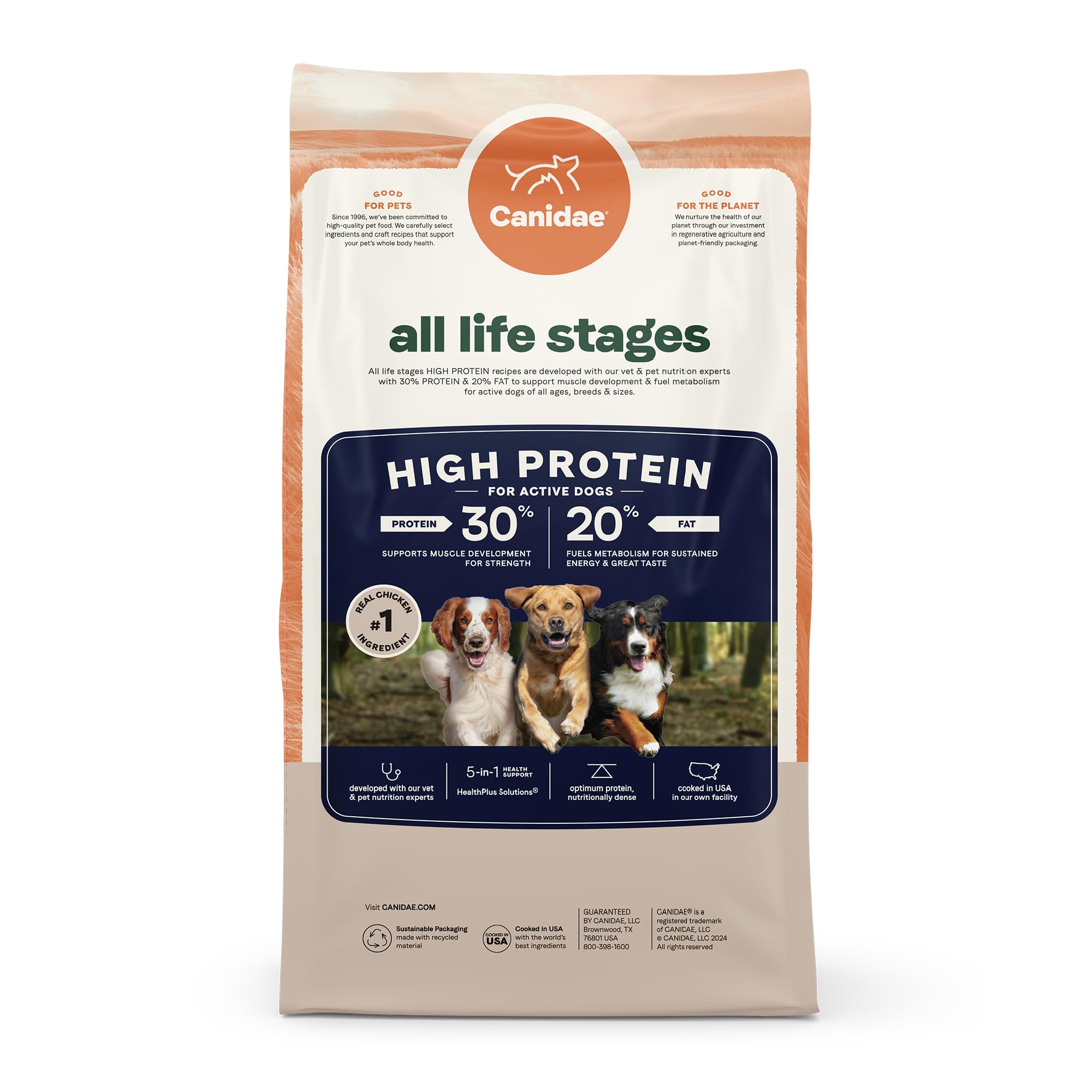 CANIDAE 27-lb bag on kitchen counter highlights family-sized convenience