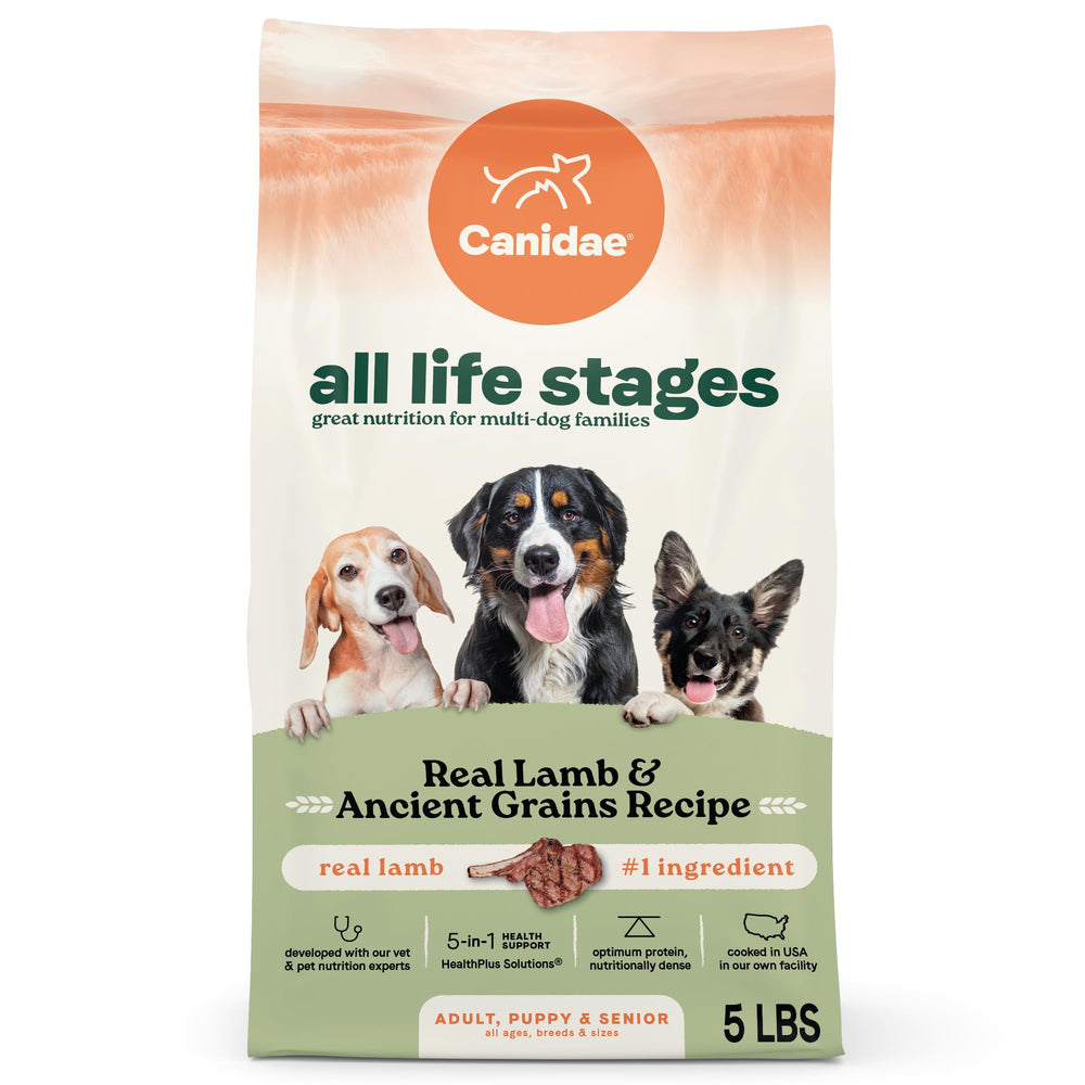 CANIDAE All Life Stages lamb-first-ingredient kibble in a bowl, supporting balanced nutrition.
