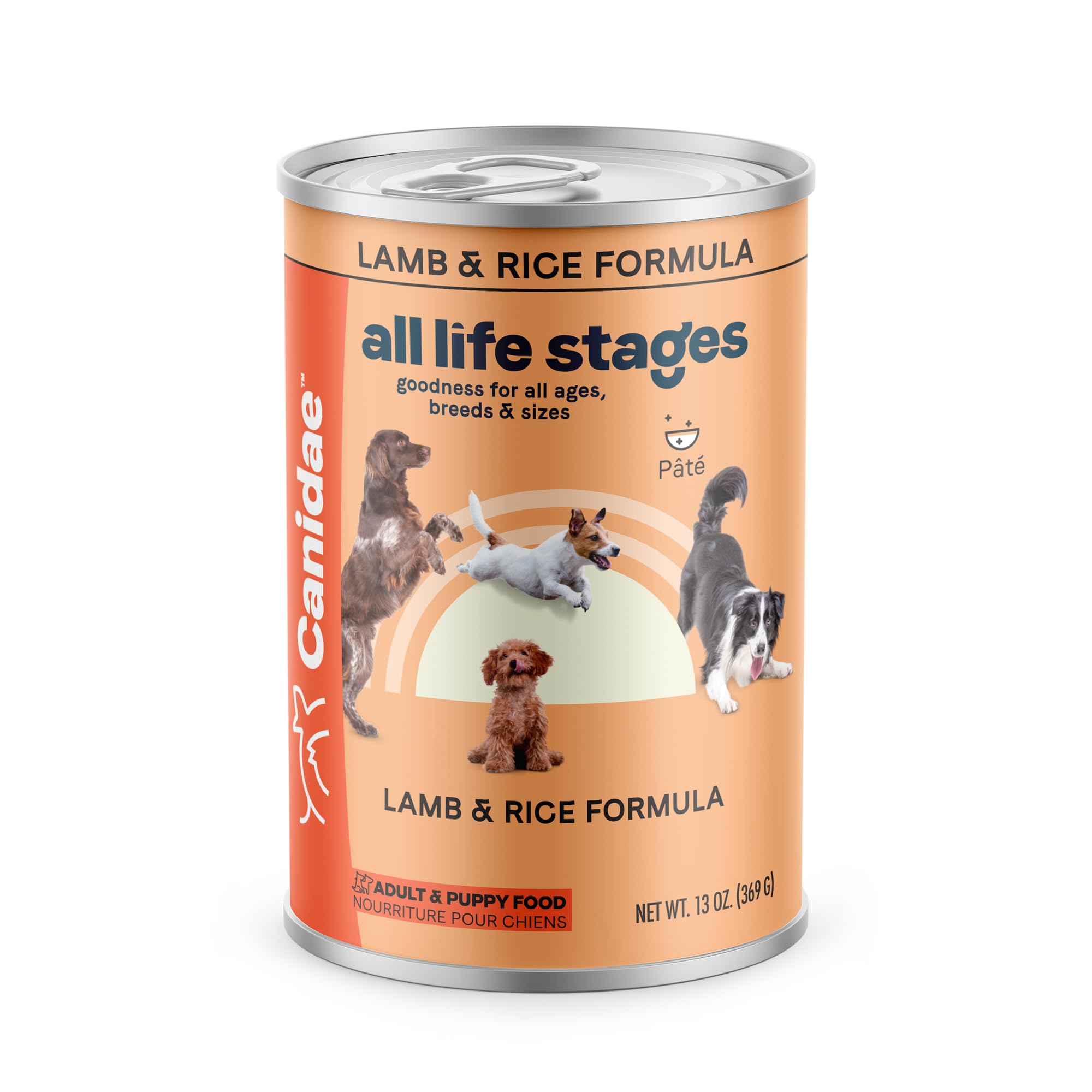 Canidae All Life Stages Lamb and Rice wet dog food can, protein-dense meal for dogs.