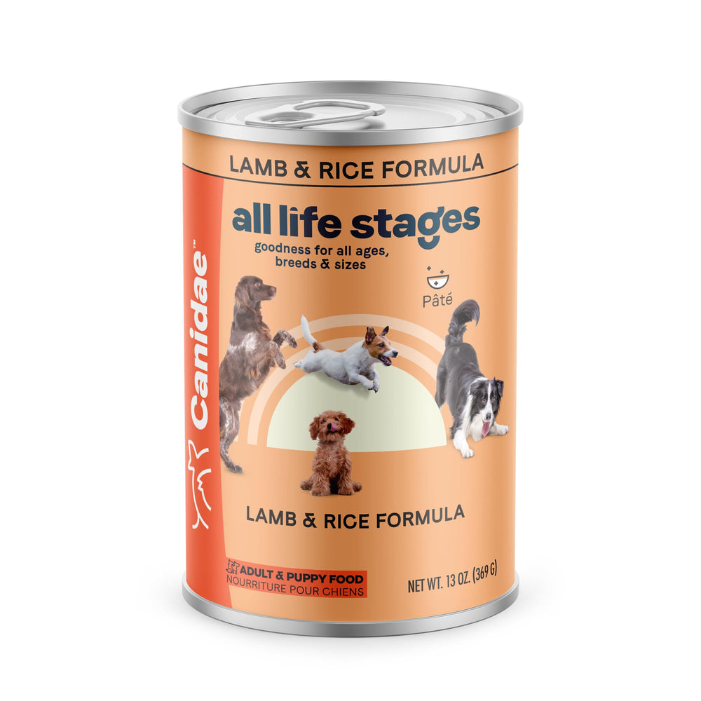 Canidae All Life Stages Lamb and Rice wet dog food can, protein-dense meal for dogs.
