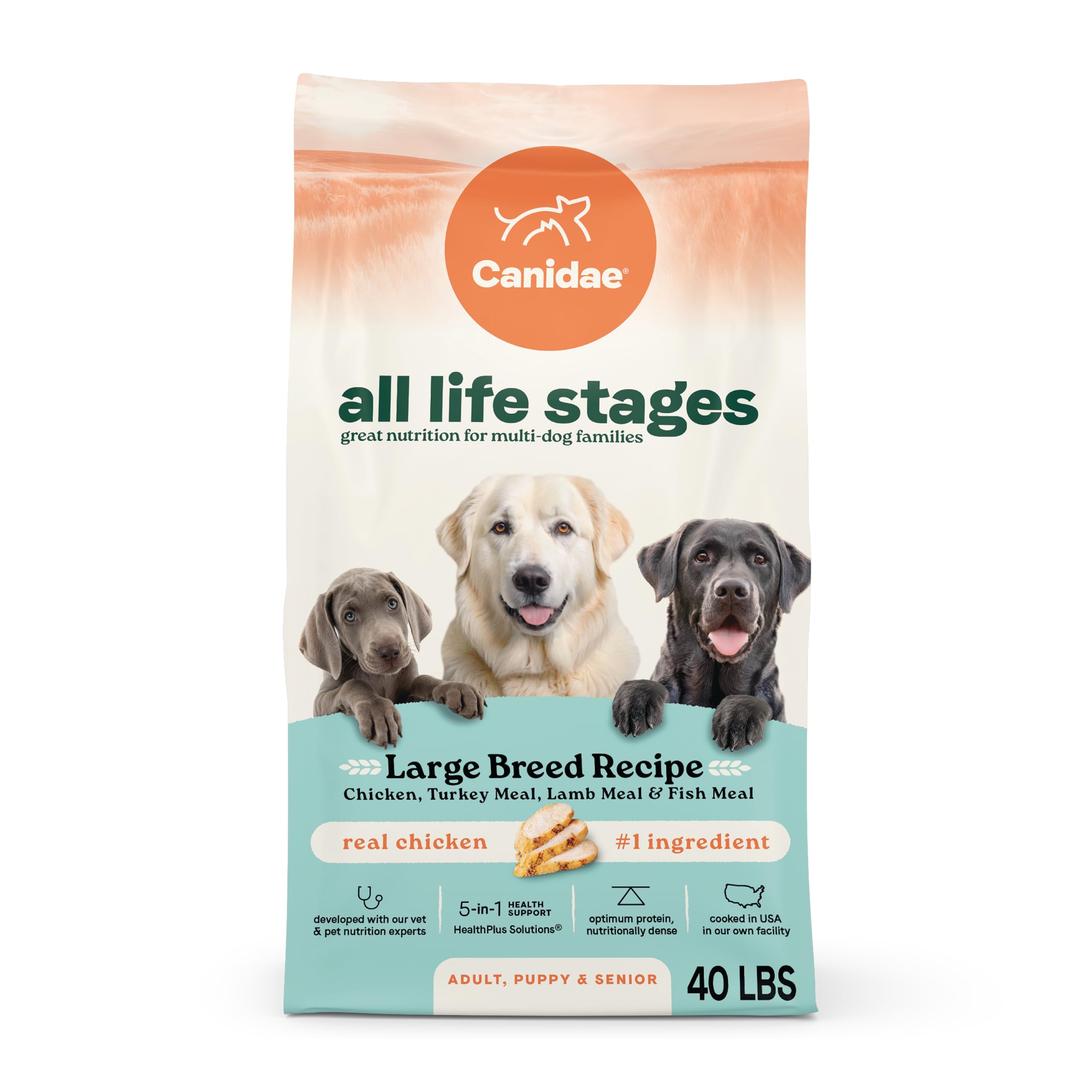 CANIDAE All Life Stages Large Breed packaging highlights real chicken and sustainable materials.