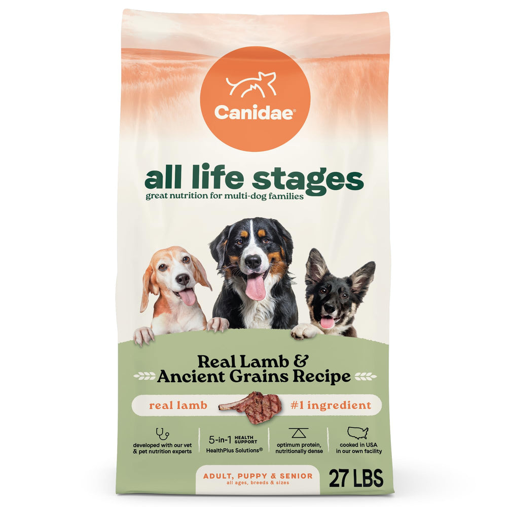 CANIDAE All Life Stages real lamb first ingredient kibble closeup showcases tasty, protein-rich nutrition.