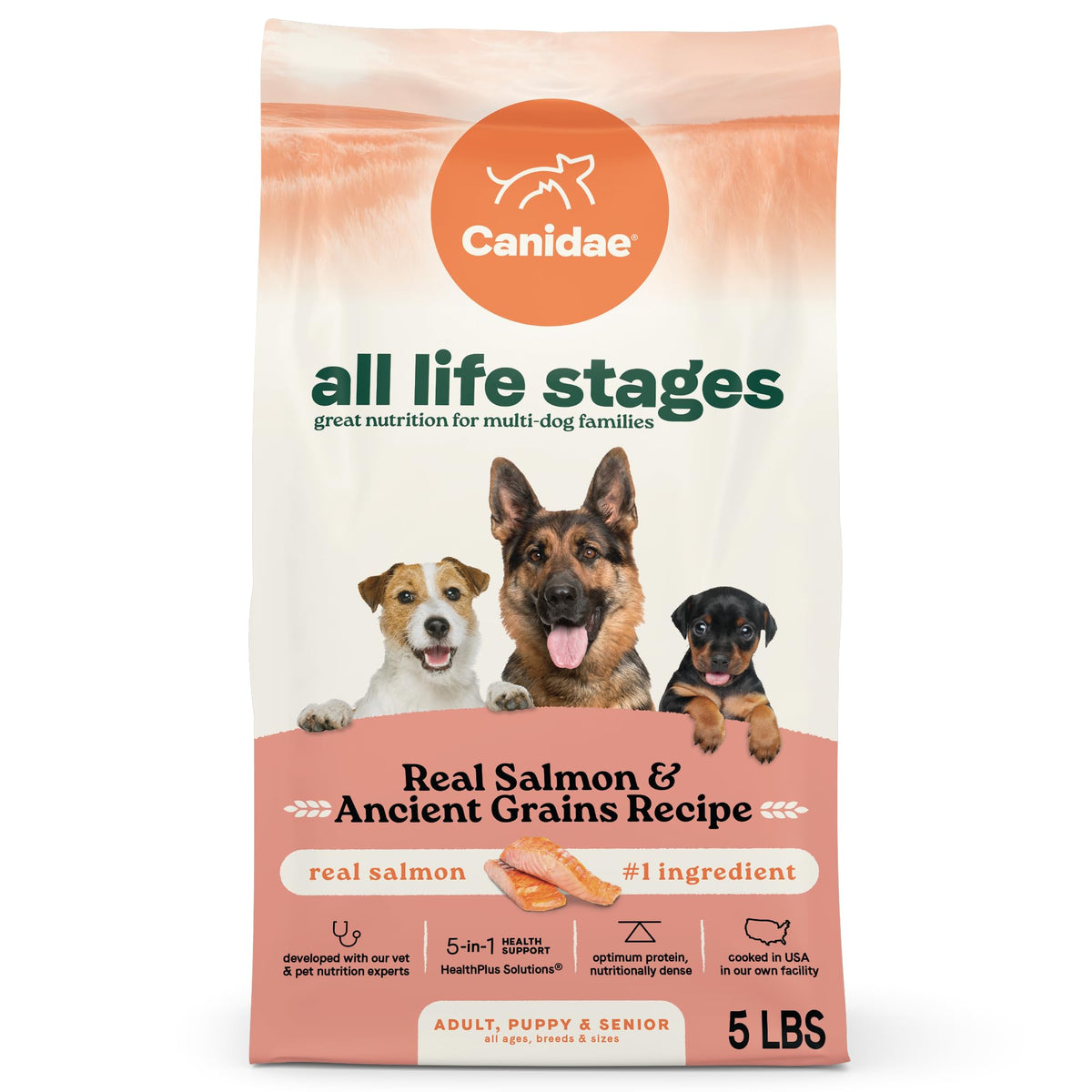 CANIDAE All Life Stages salmon kibble bag, ideal for households with dogs of all ages.