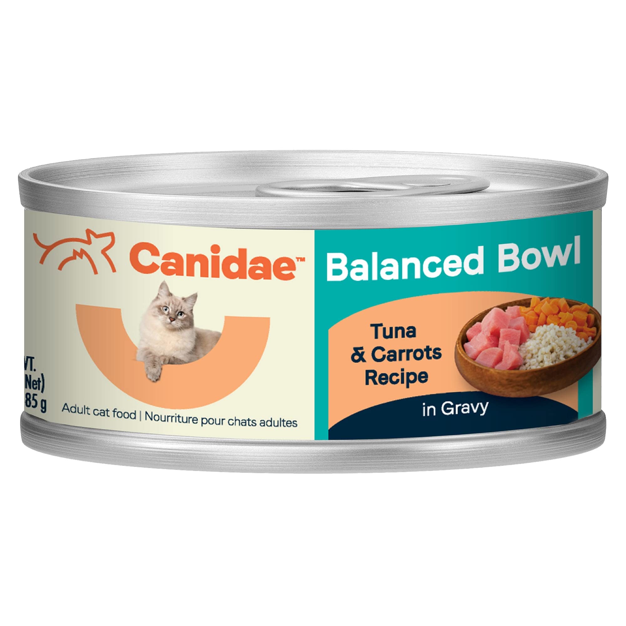 Canidae Balanced Bowl tuna and carrots can, complete adult cat meal in gravy.