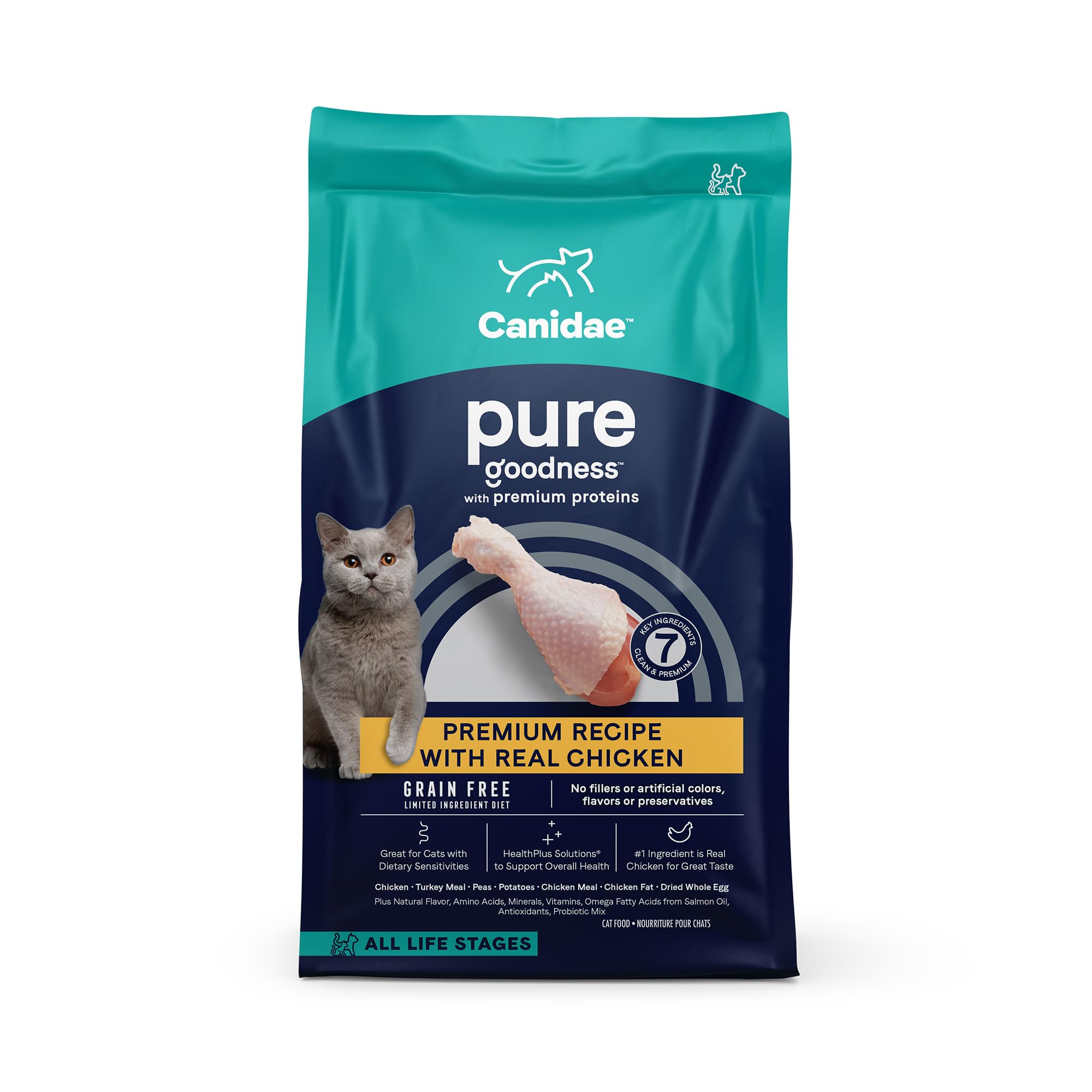CANIDAE Pure Chicken Recipe dry cat food bag showing real chicken first ingredient and grain-free formula.