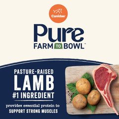 CANIDAE Pure Farm goat and venison meals highlight high protein nutrition