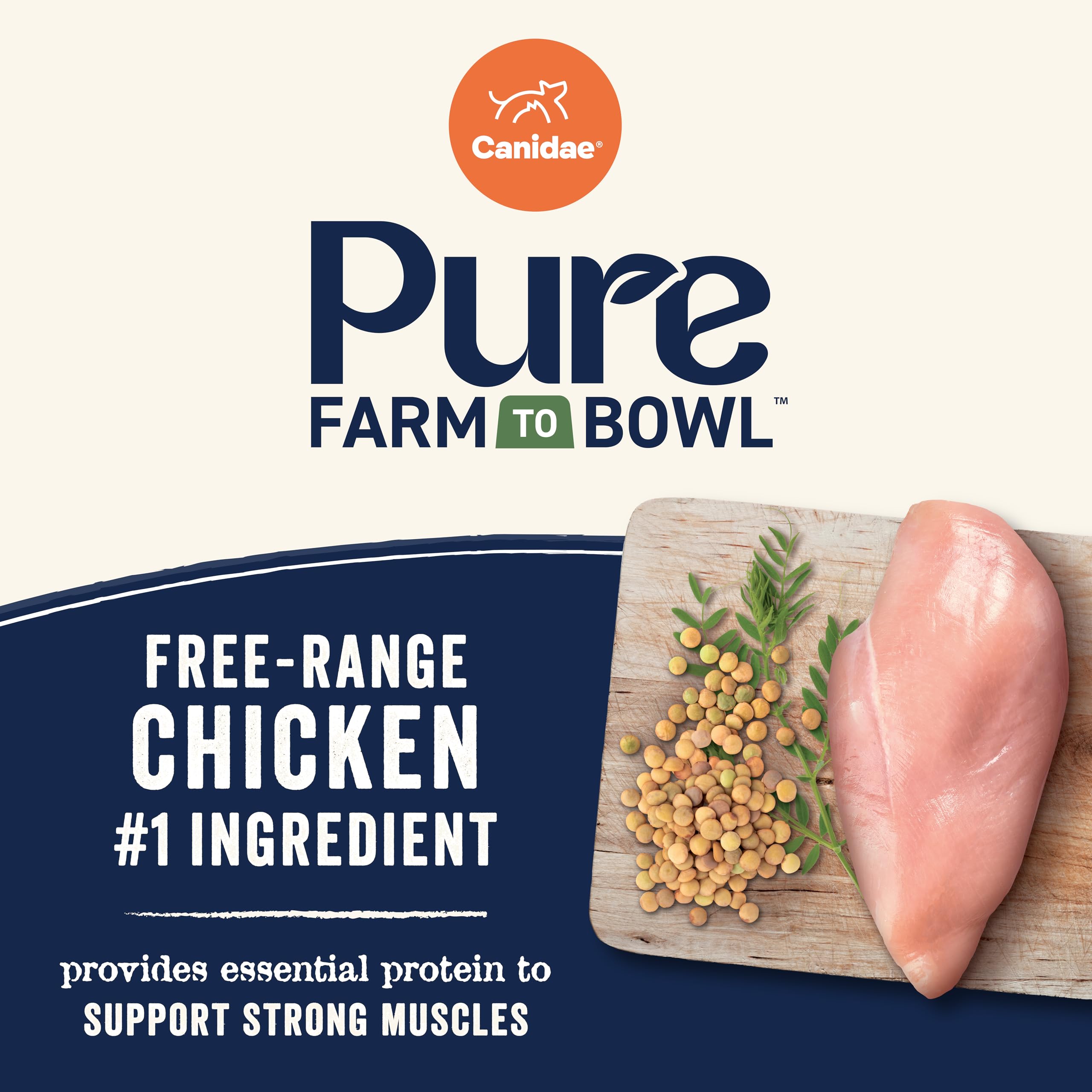 Kibble poured into bowl from CANIDAE Pure Farm grain-free formula.