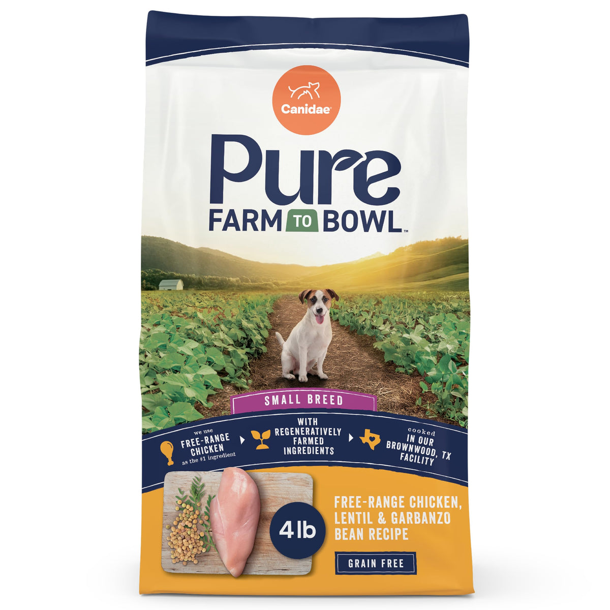 CANIDAE Pure Farm Small Breed free-range chicken kibble, protein-rich for energy.