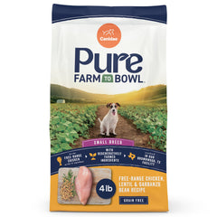 CANIDAE Pure Farm Small Breed free-range chicken kibble, protein-rich for energy.
