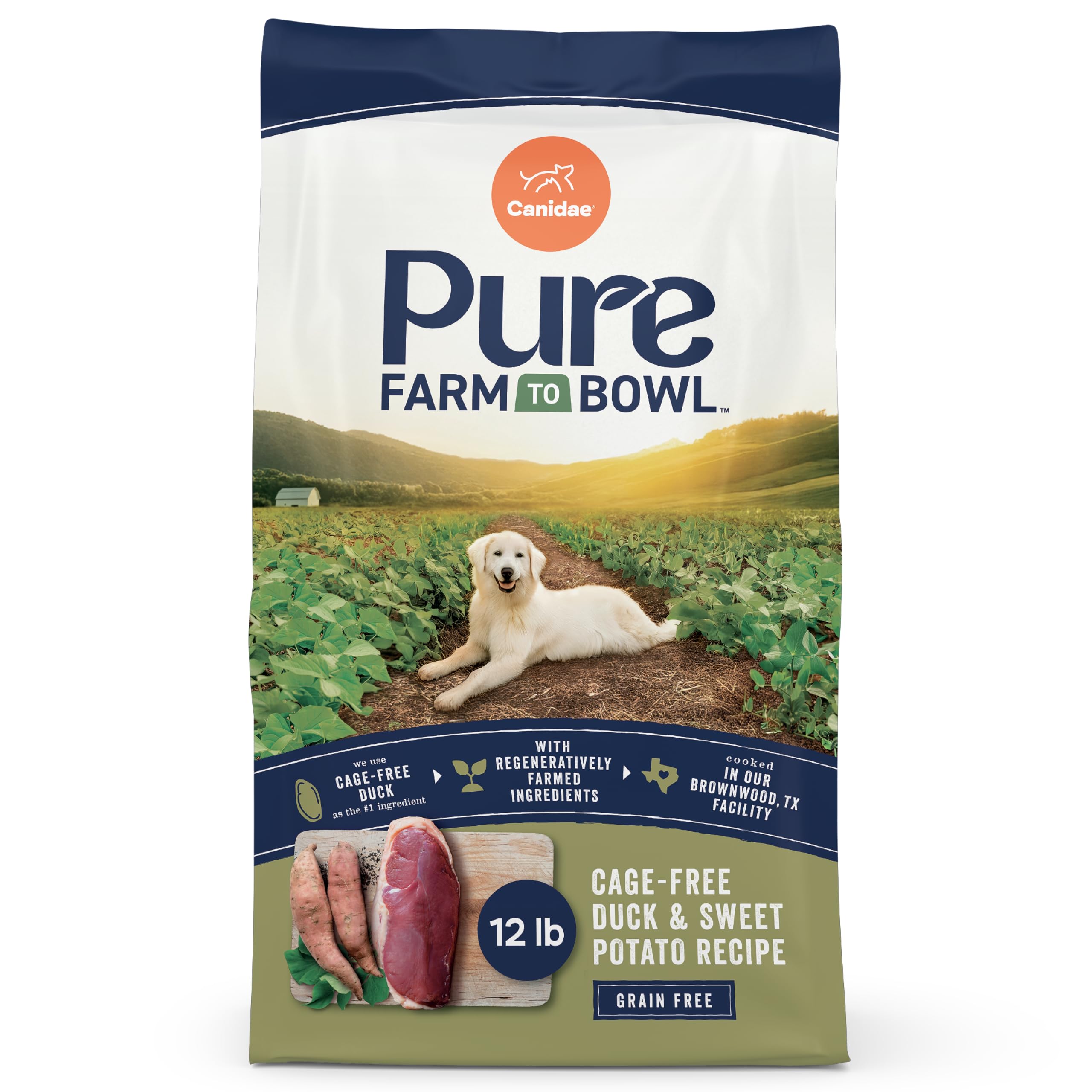 CANIDAE Pure Farm to Bowl cage-free duck bag front with high-protein ingredients.