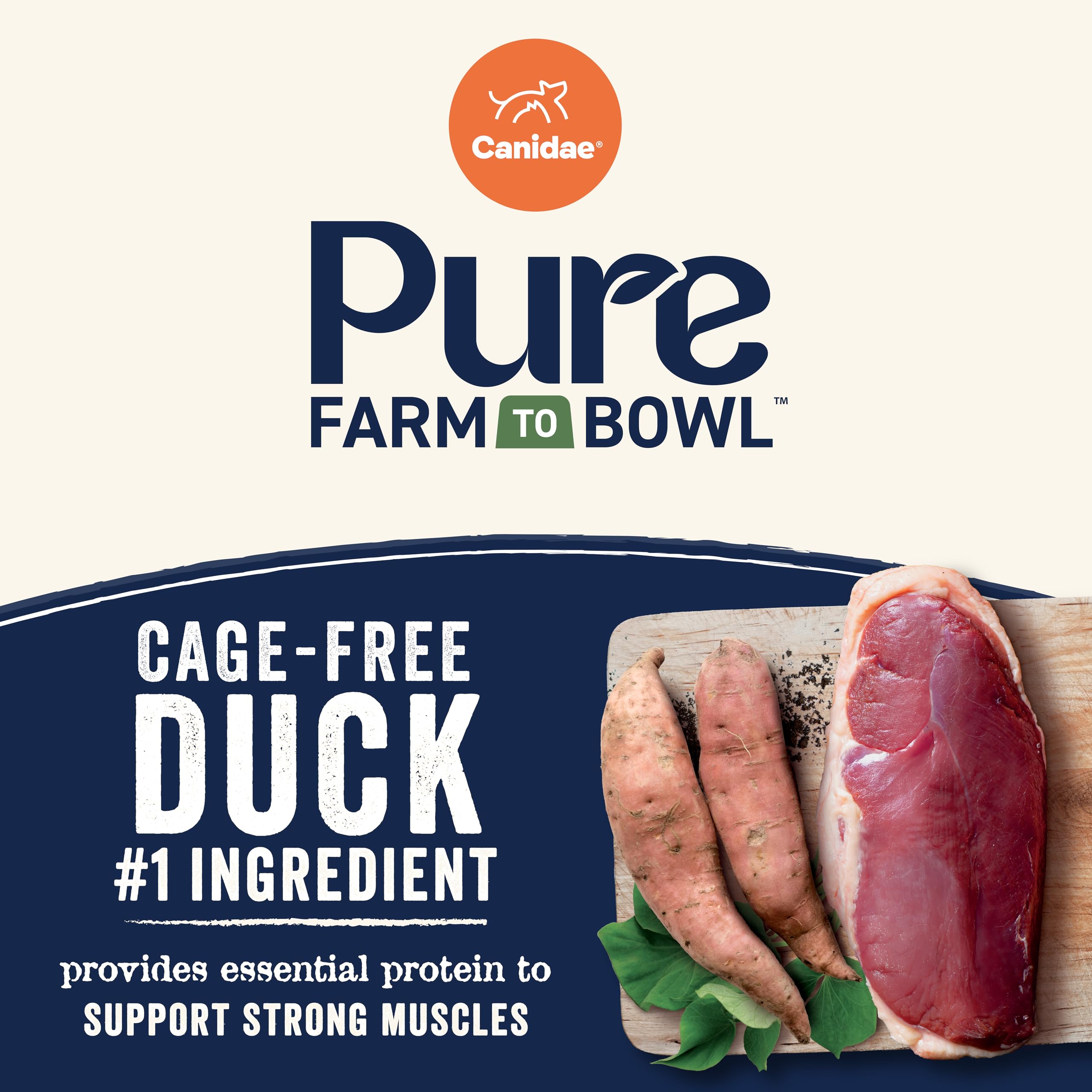 CANIDAE Pure Farm to Bowl duck meat close-up highlighting premium protein.