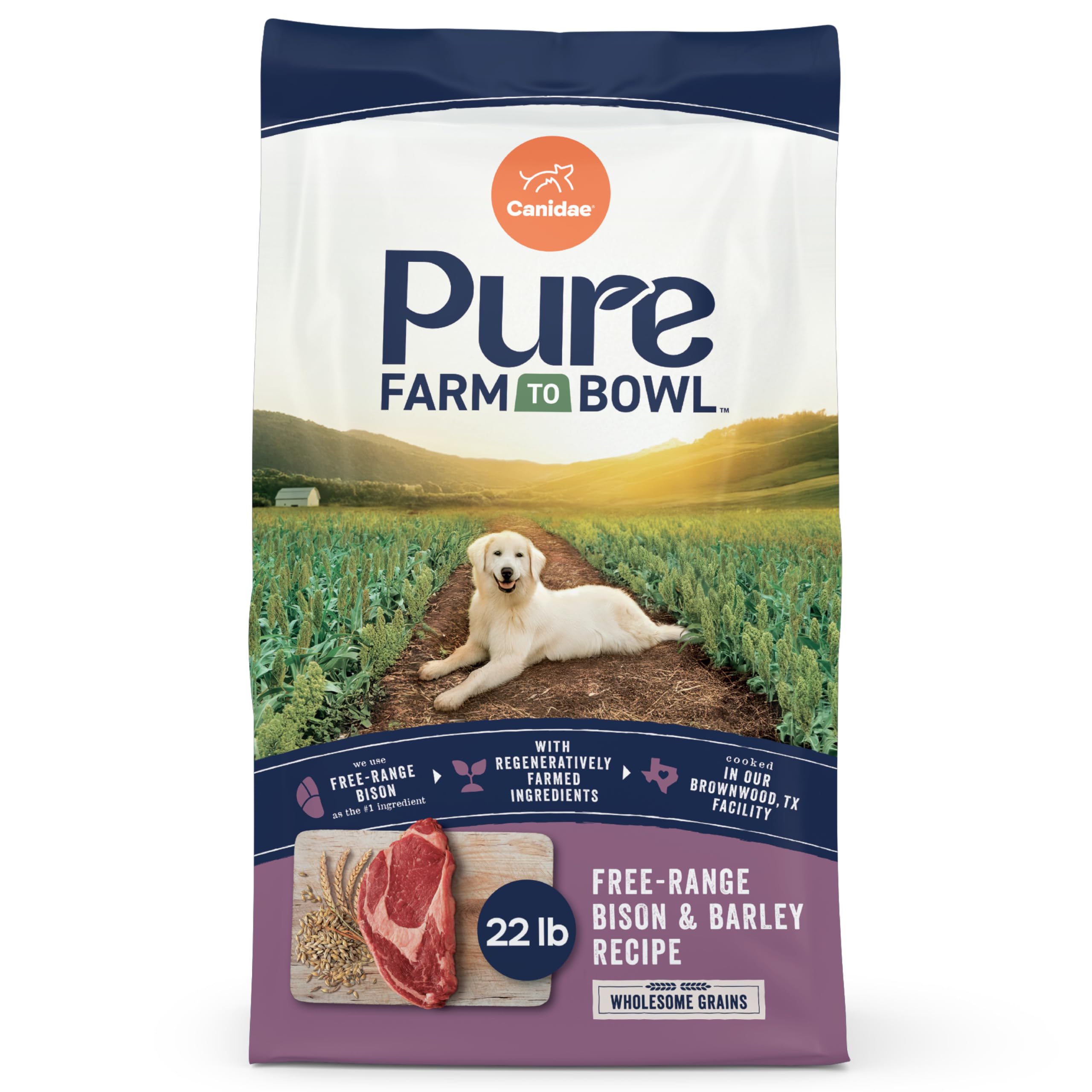 Canidae Pure Farm to Bowl free-range bison bag highlighting lean protein for adult dogs.