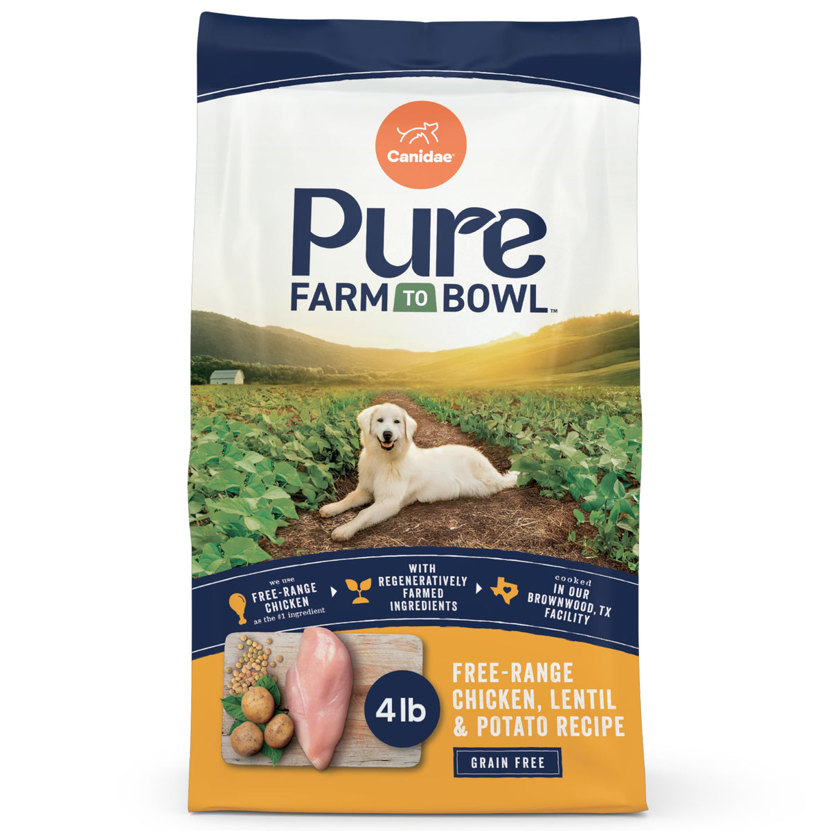 CANIDAE Pure Farm to Bowl bag pictured with free-range chicken kibble, supporting adult dog protein needs.