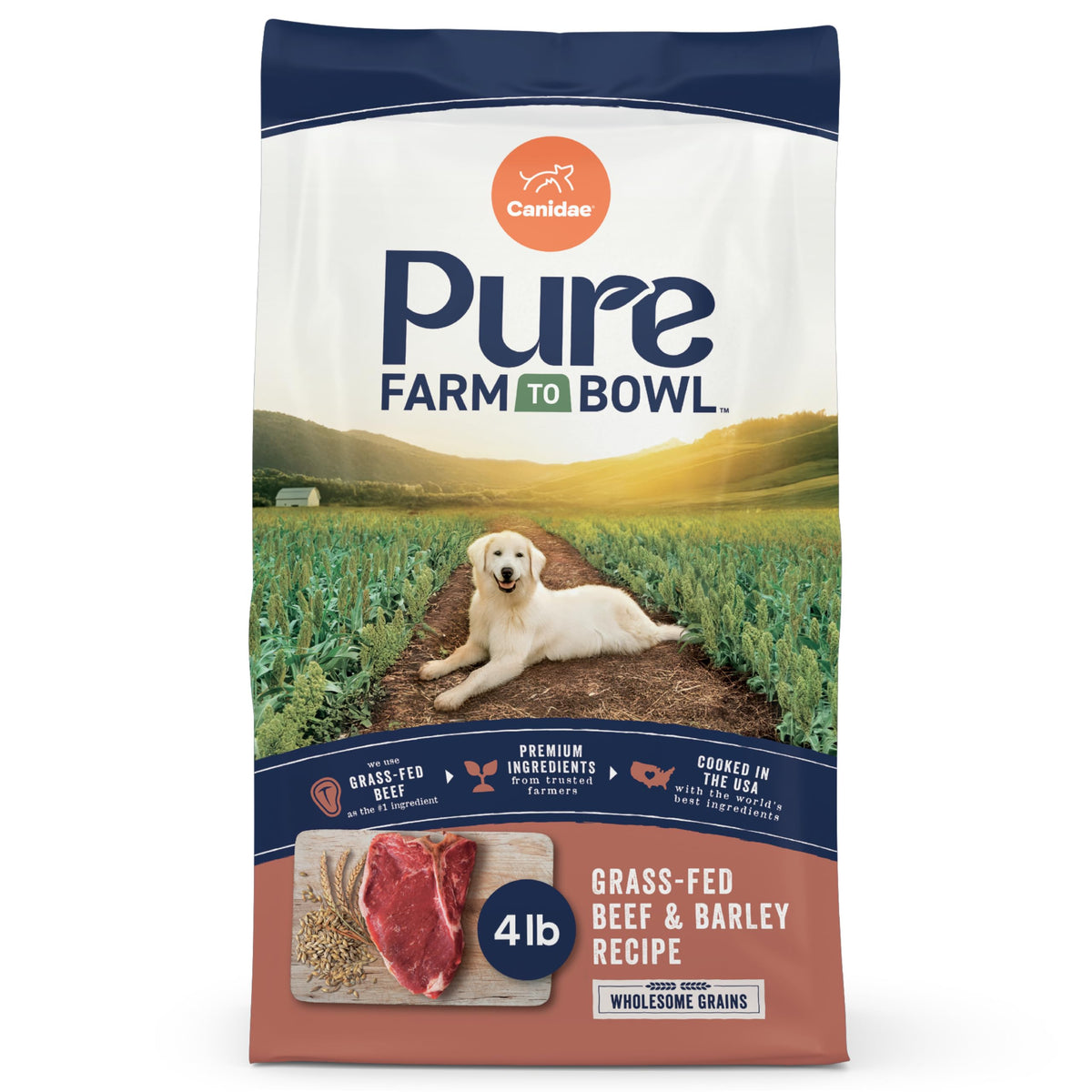 CANIDAE Pure Farm to Bowl grass-fed beef bag for adult dogs promoting balanced nutrition