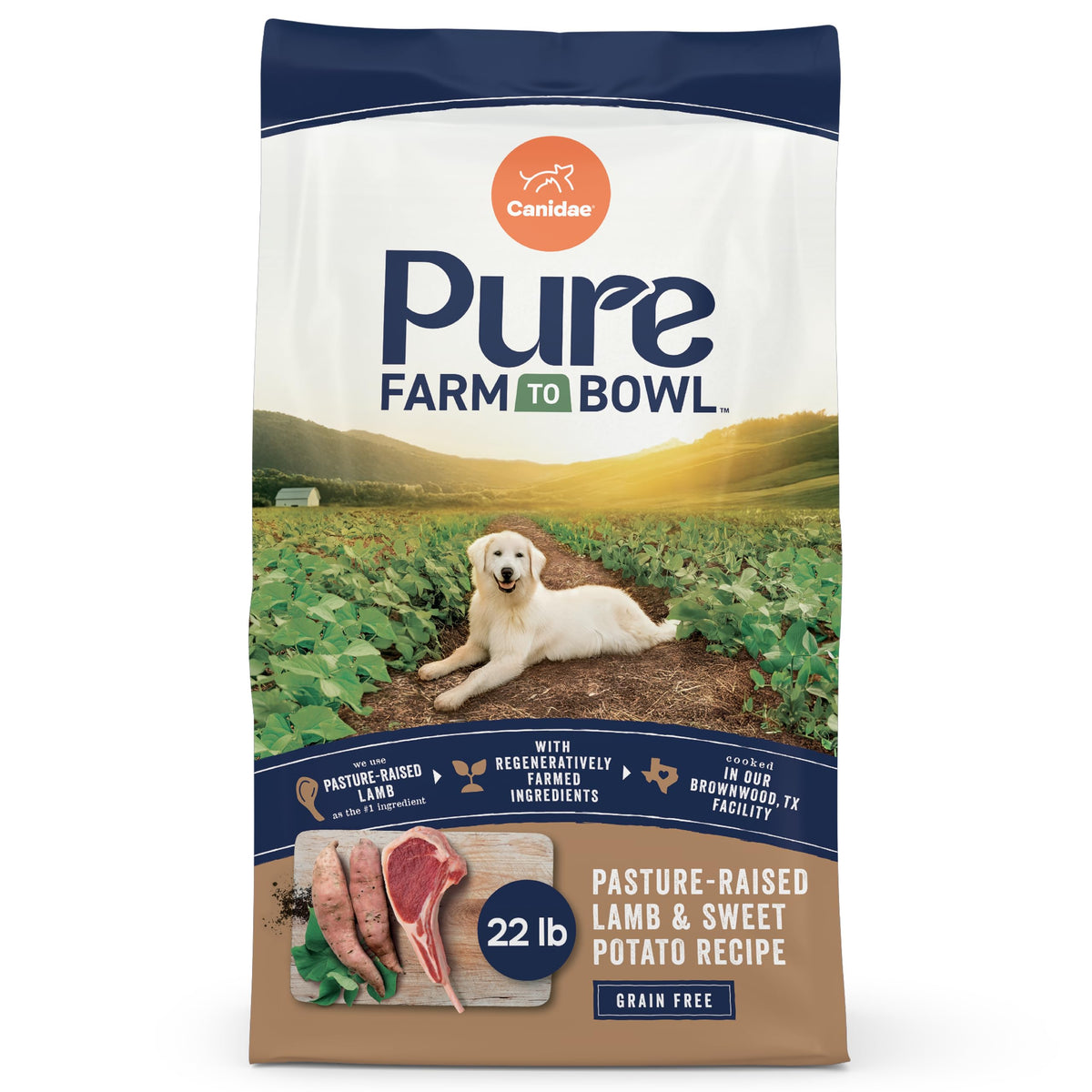 CANIDAE Pure Farm to Bowl lamb bag highlights pasture-raised protein for strong muscles.