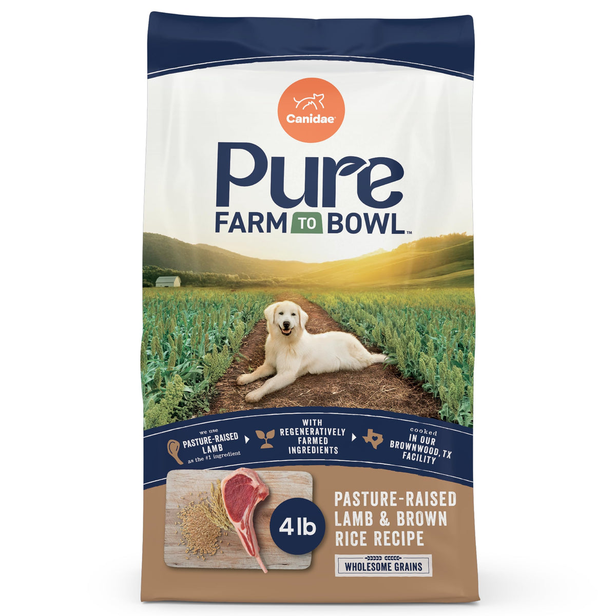 CANIDAE Pure Farm to Bowl lamb kibble close-up, protein-rich bites for muscle support.