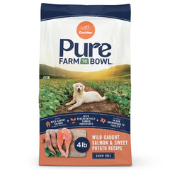 CANIDAE Pure Farm to Bowl salmon kibble close-up highlighting omega-3 for shiny coats.