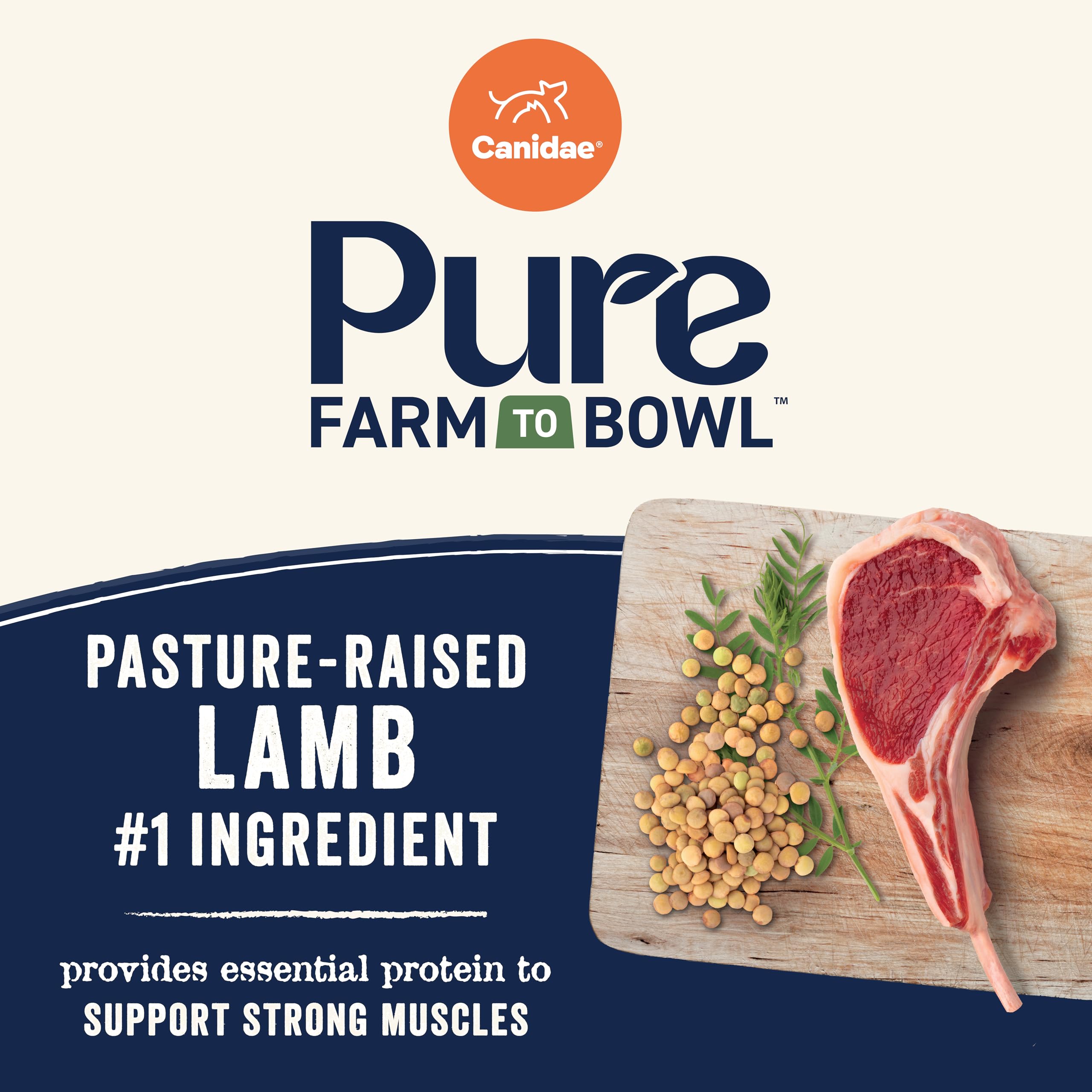 Canidae Pure Farm to Bowl kibble closeup highlights quality protein for small breed nutrition.