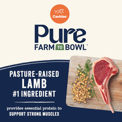Canidae Pure Farm to Bowl kibble closeup highlights quality protein for small breed nutrition.