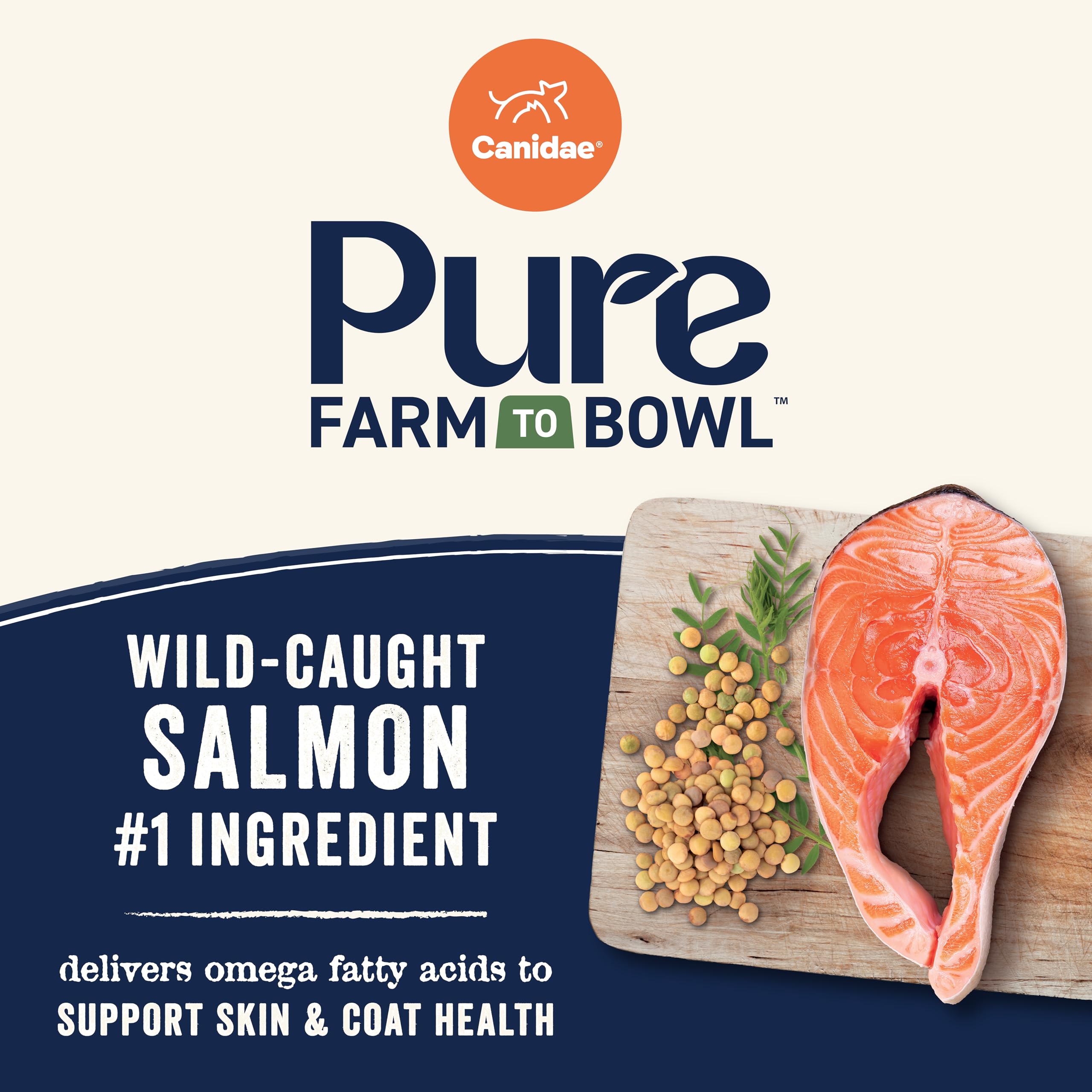 Canidae Pure Farm To Bowl salmon kibble close-up, texture ideal for small breed jaws.