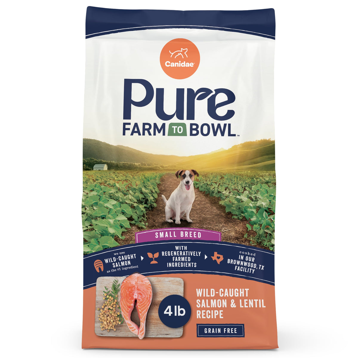 Canidae Pure Farm To Bowl small breed salmon bag open, premium ingredients for small dogs.