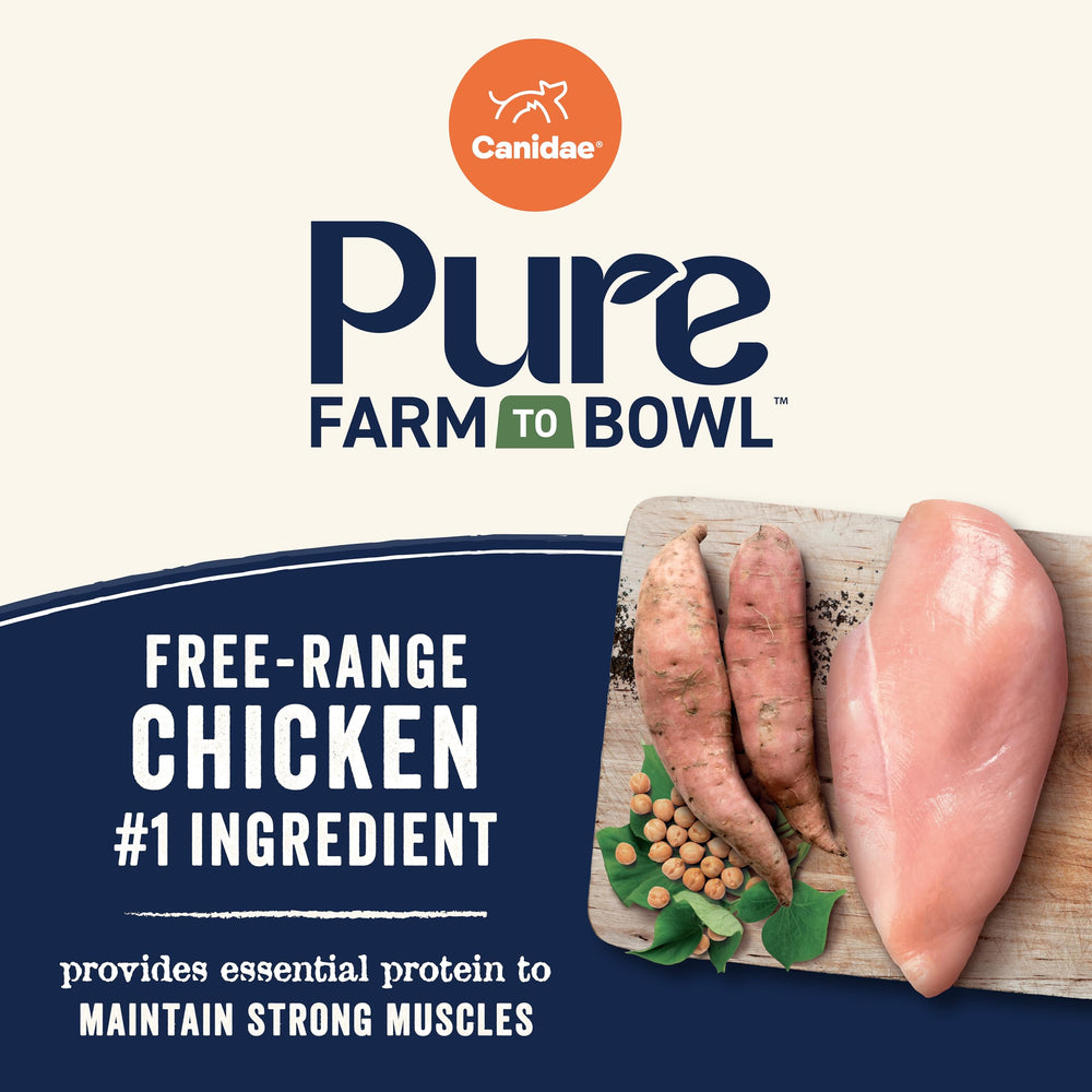 CANIDAE Pure Farm to Bowl sweet potato image emphasizes energy-boosting ingredients for aging dogs