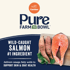 Canidae Pure Farm to Bowl sweet potato ingredients highlighting grain-free veggie base