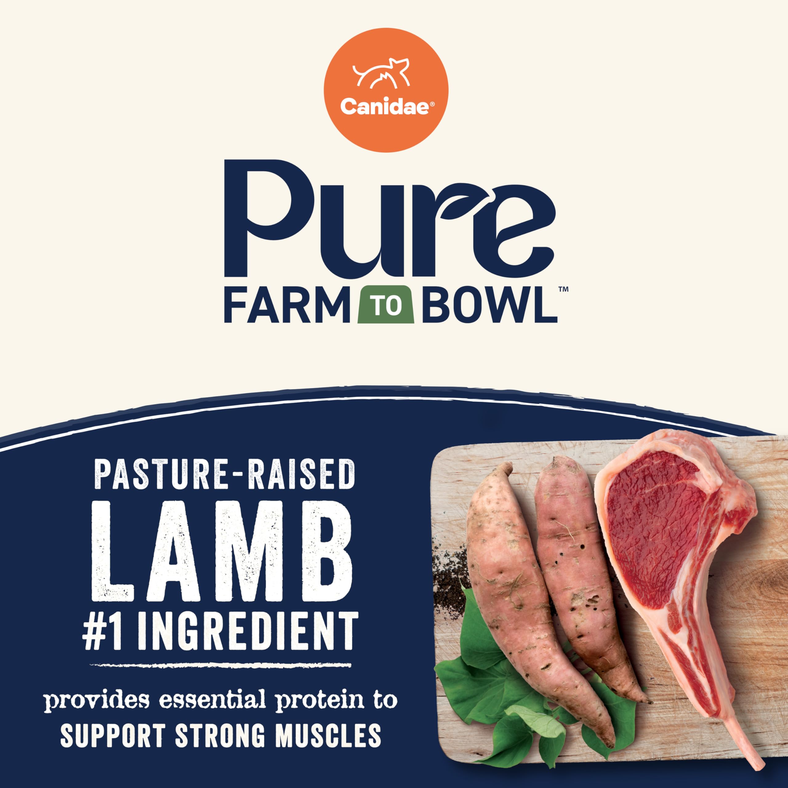 CANIDAE Pure Farm to Bowl sweet potato ingredients in kibble blend.