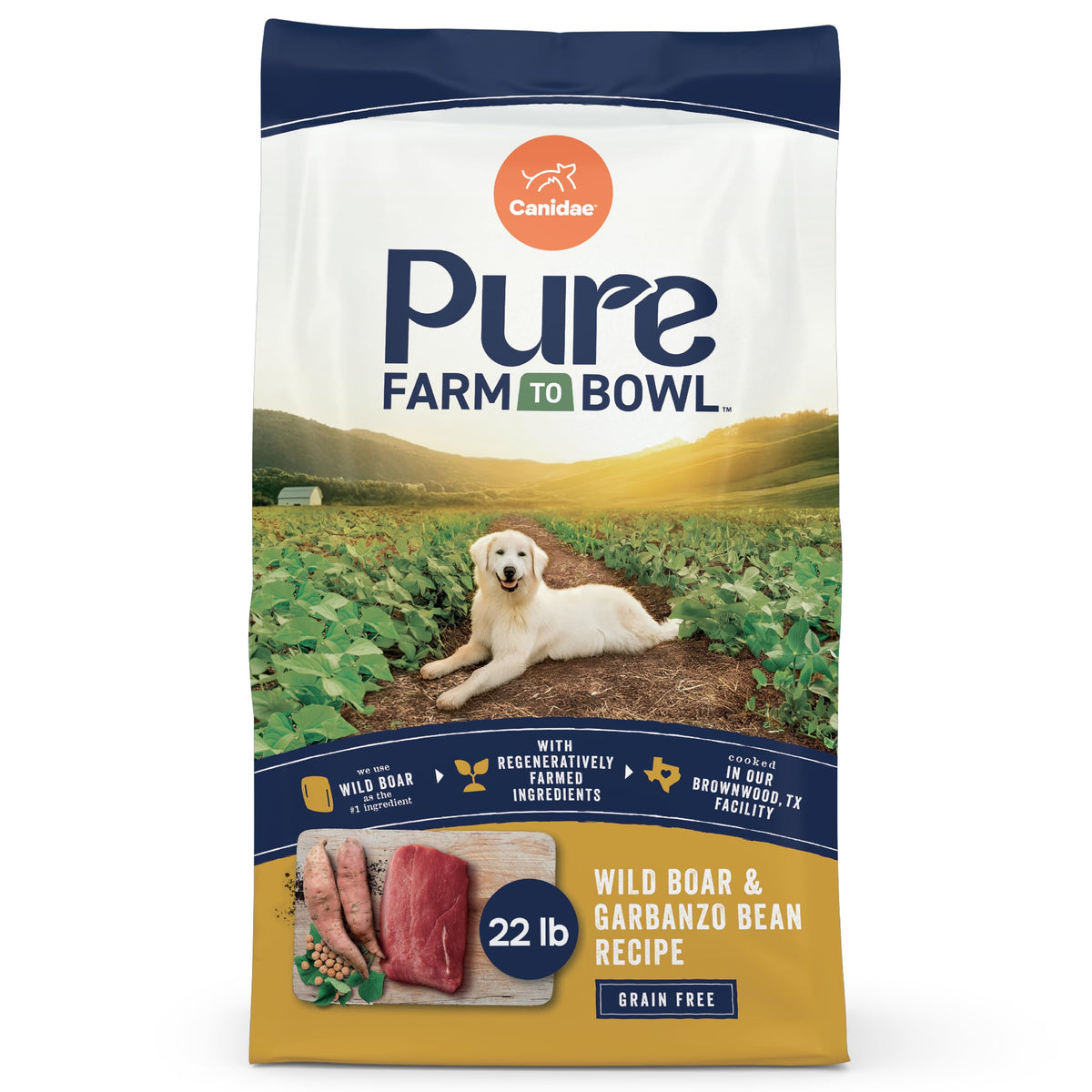 Canidae Pure Farm to Bowl packaging highlights grain-free, protein-rich dog food