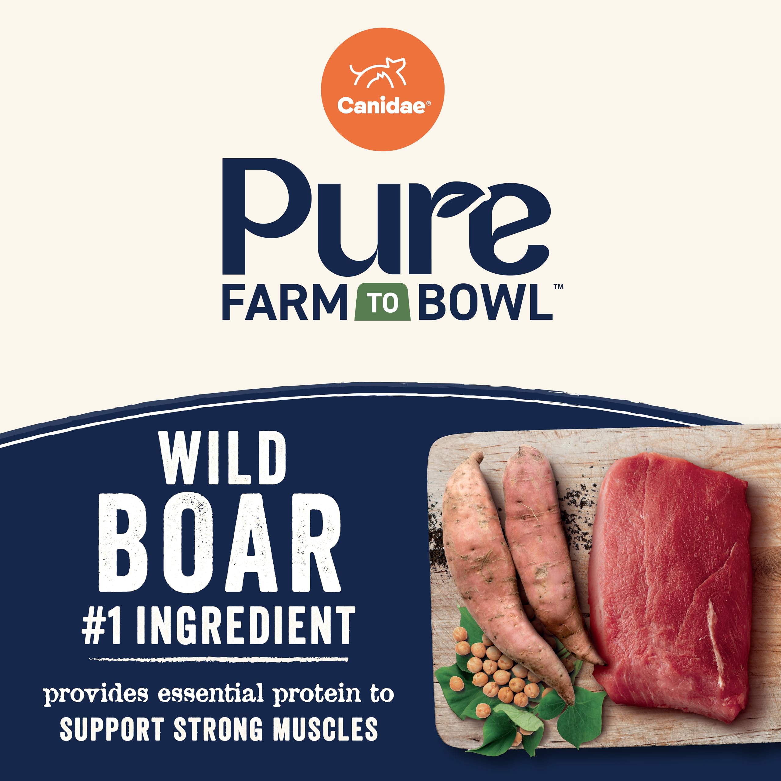 Canidae Pure Farm to Bowl Wild Boar protein close-up emphasizes quality ingredients