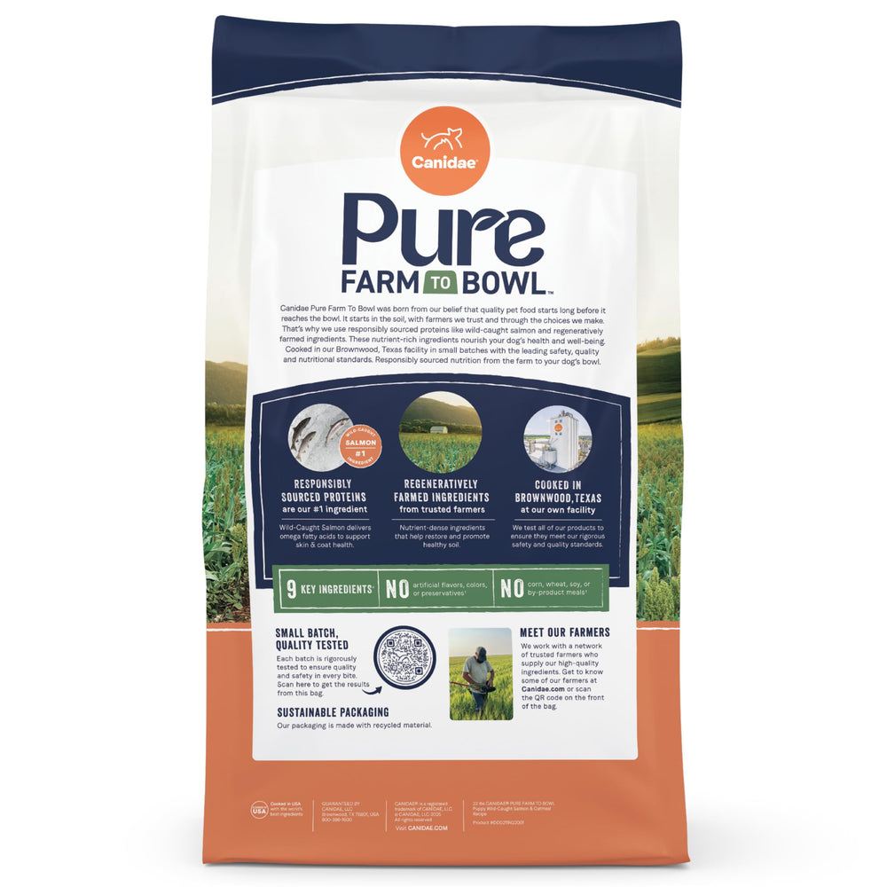 CANIDAE Pure Salmon & Oatmeal 9-ingredient list highlights simplicity and transparency.