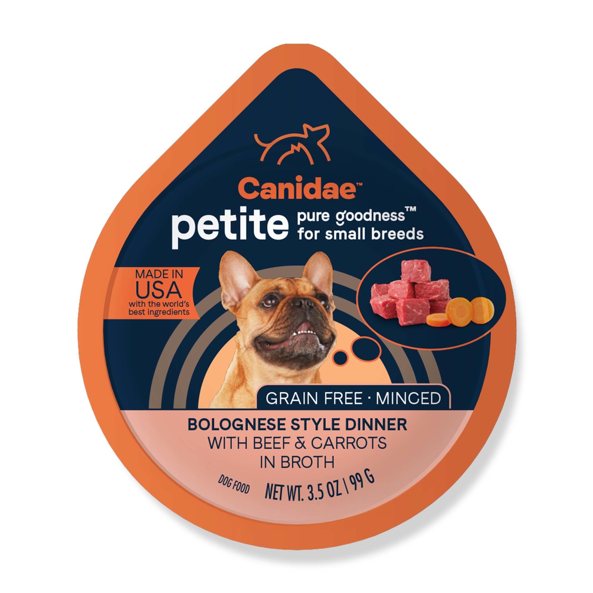 CANIDAE Pure Petite minced beef in broth tub—gentle on small dogs' stomachs.