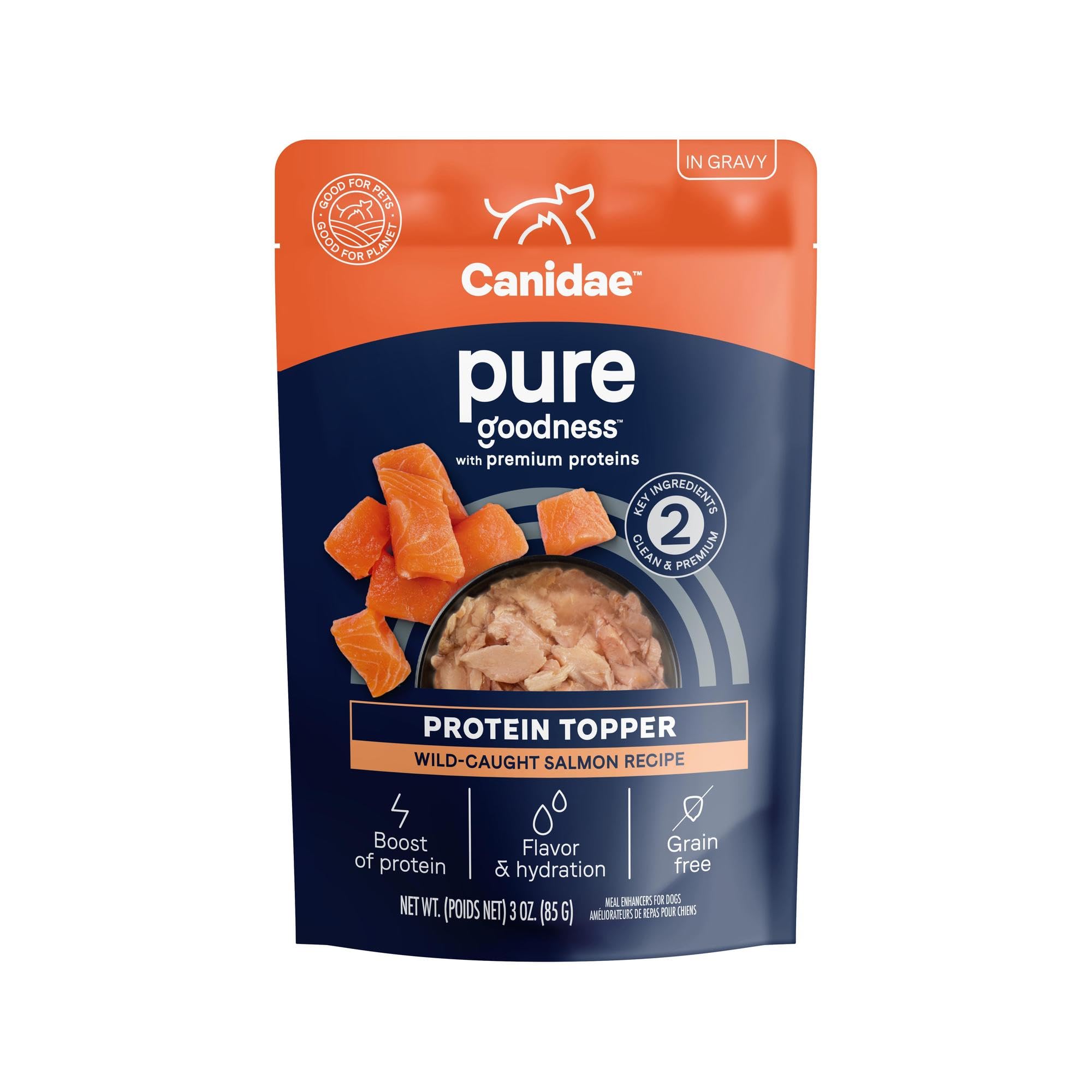 Canidae Pure Protein Topper Salmon Chunks in Gravy on plate adds flavor and hydration.