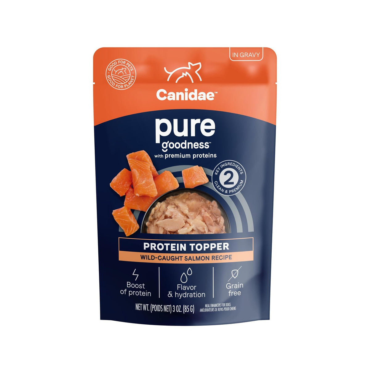Canidae Pure Protein Topper Salmon Chunks in Gravy on plate adds flavor and hydration.