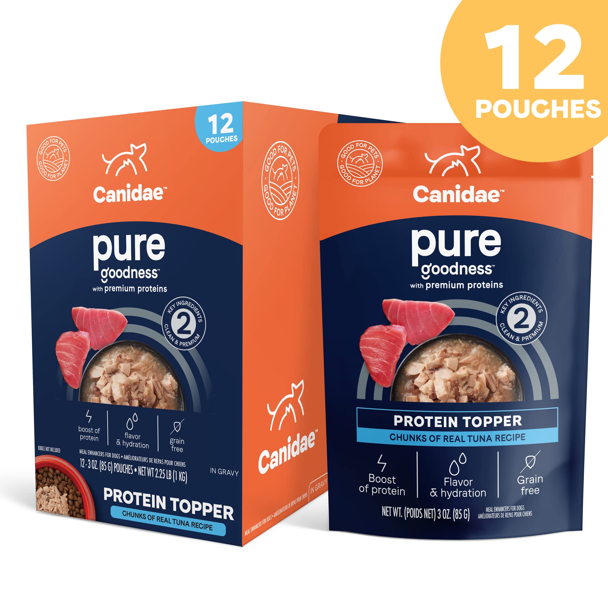 CANIDAE Pure Protein Topper Tuna in Gravy bowl demonstrating enhanced flavor and hydration