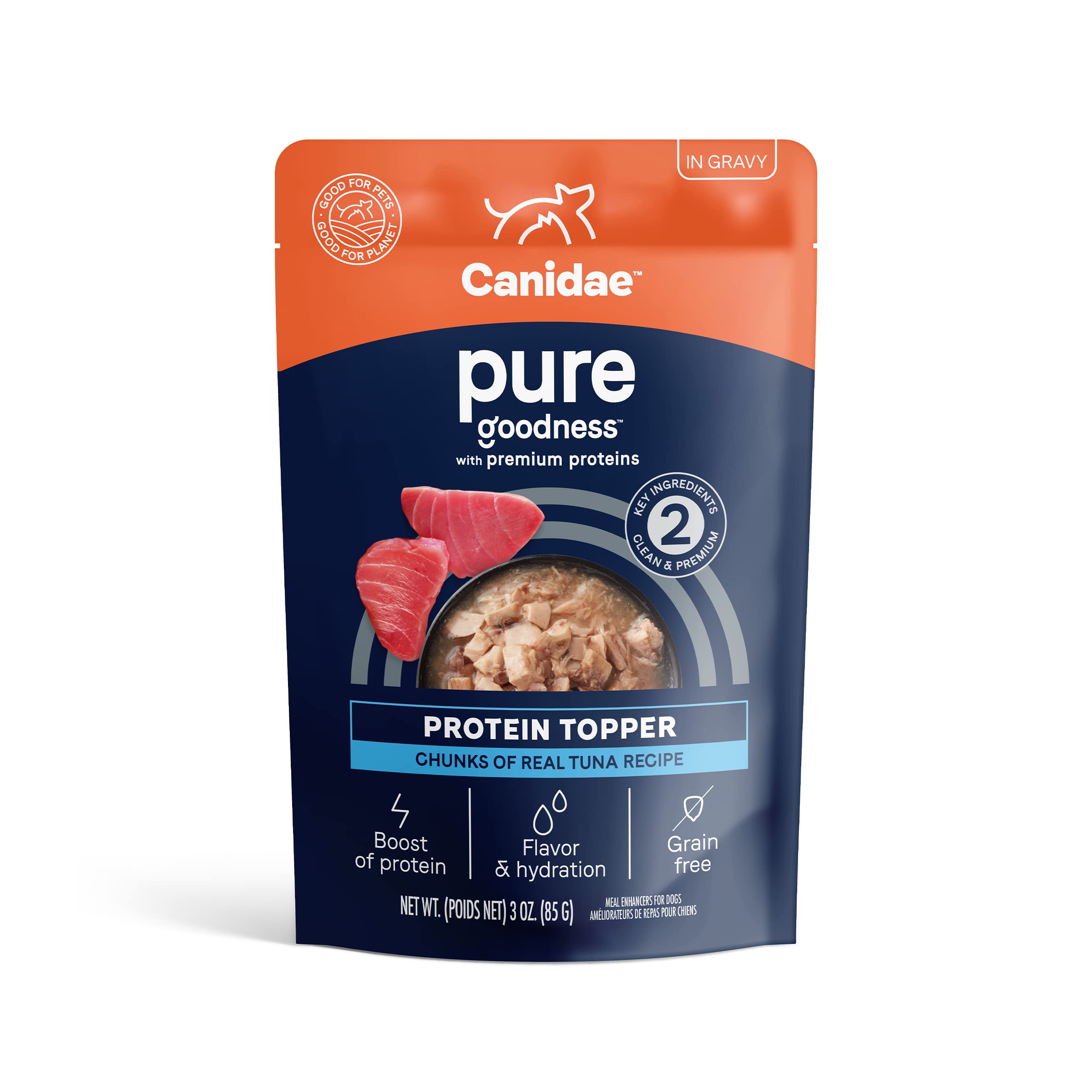 CANIDAE Pure Protein Topper Tuna in Gravy can showing protein rich meal upgrade
