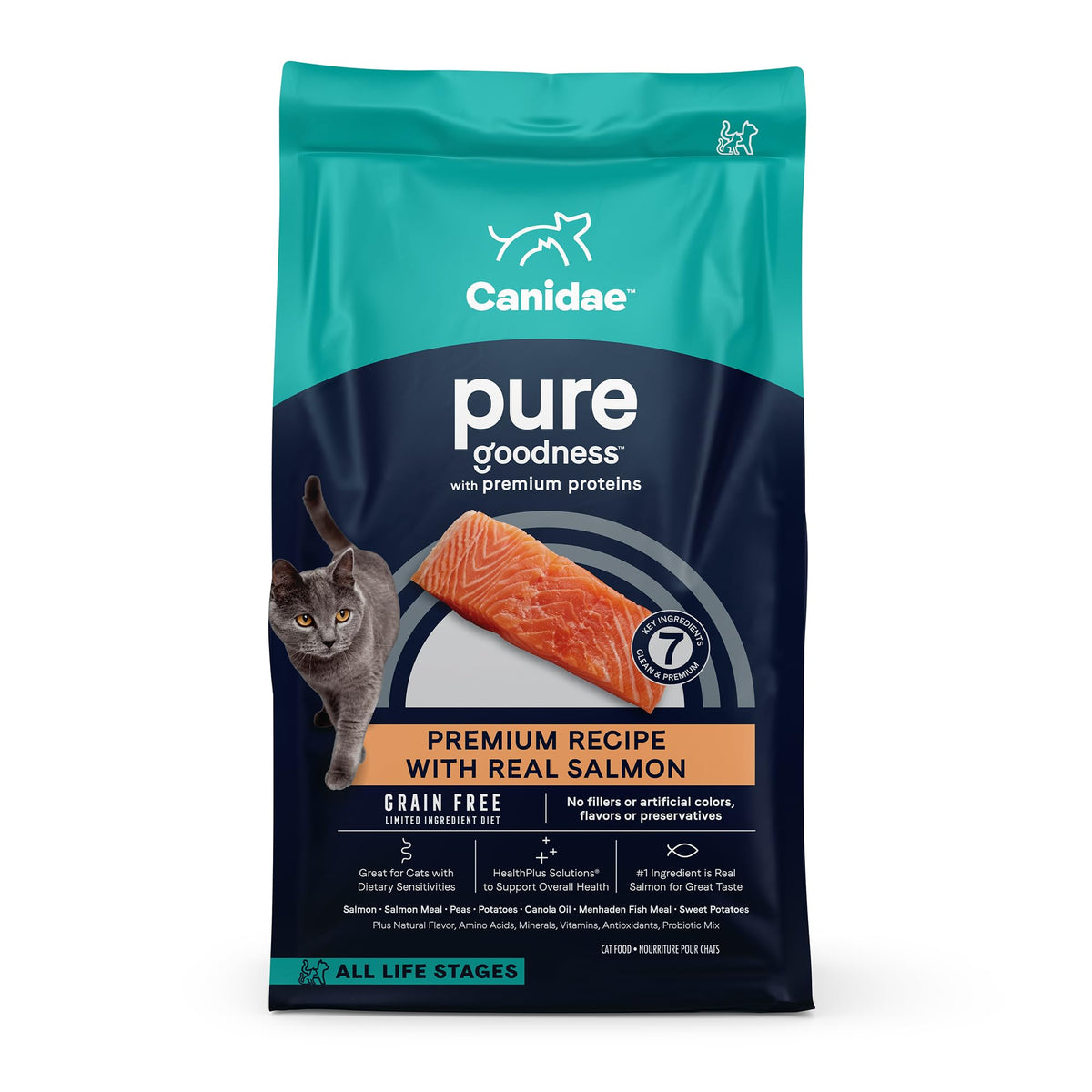 CANIDAE Pure Salmon Recipe dry cat food 5-lb bag, real salmon as the first ingredient.