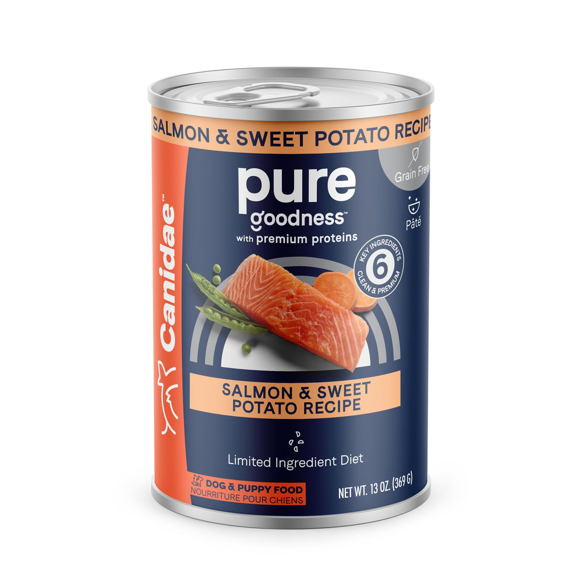CANIDAE PURE salmon-sweet-potato wet dog food can showcases real salmon for protein-forward meals.