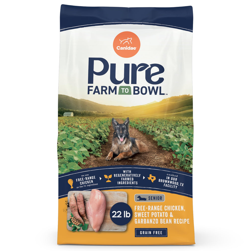 CANIDAE Pure Senior free-range chicken bag close-up, signaling quality protein for aging dogs.