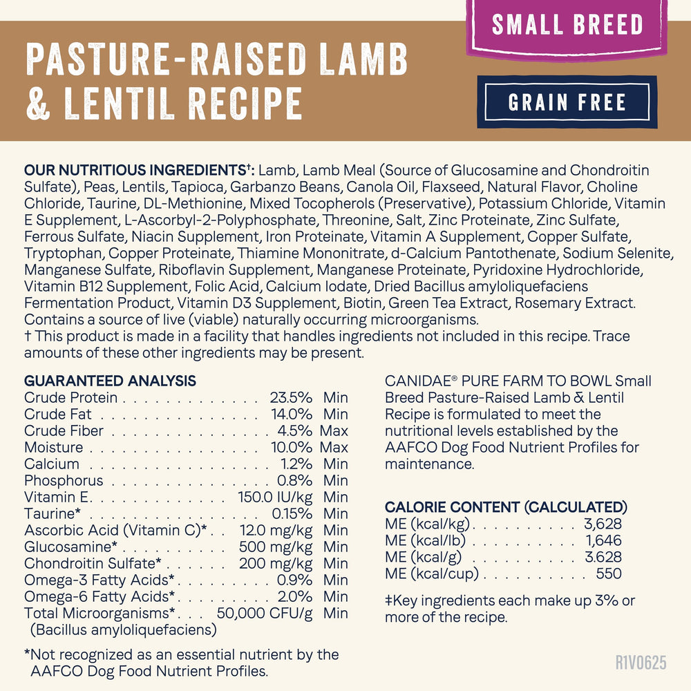 CANIDAE Pure Small-Breed Kibble Size—smaller bites for tiny jaws.