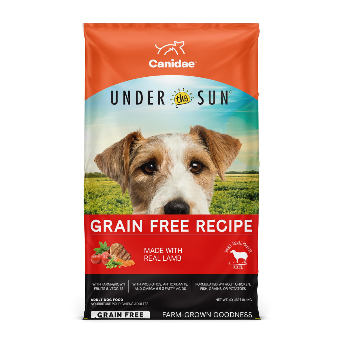 CANIDAE Under the Sun Lamb Recipe dry dog food bag 40 lb for all life stages.