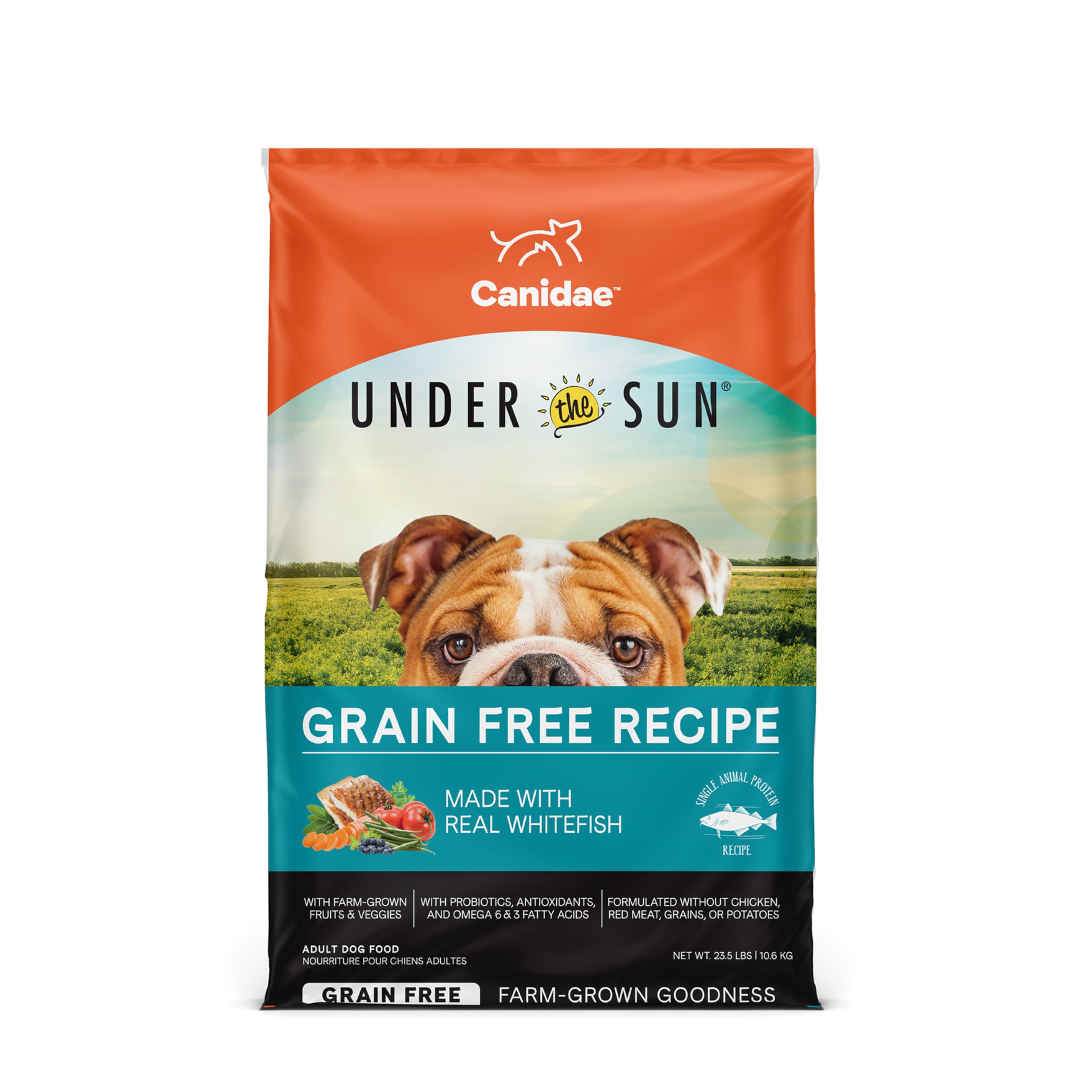CANIDAE Under The Sun Whitefish bag opened; grain-free nutrition for dogs.