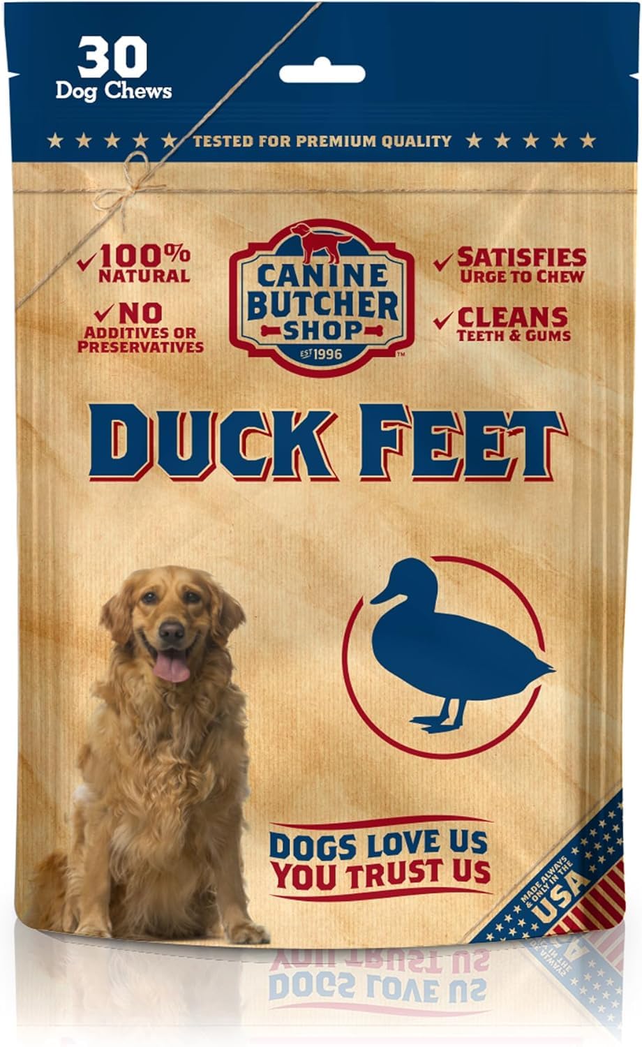 Canine Butcher Shop duck feet pack-30, premium USA-made chew for dogs.