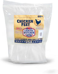 Canine Butcher Shop chicken feet packaging 60-pack, ideal crunchy treats.