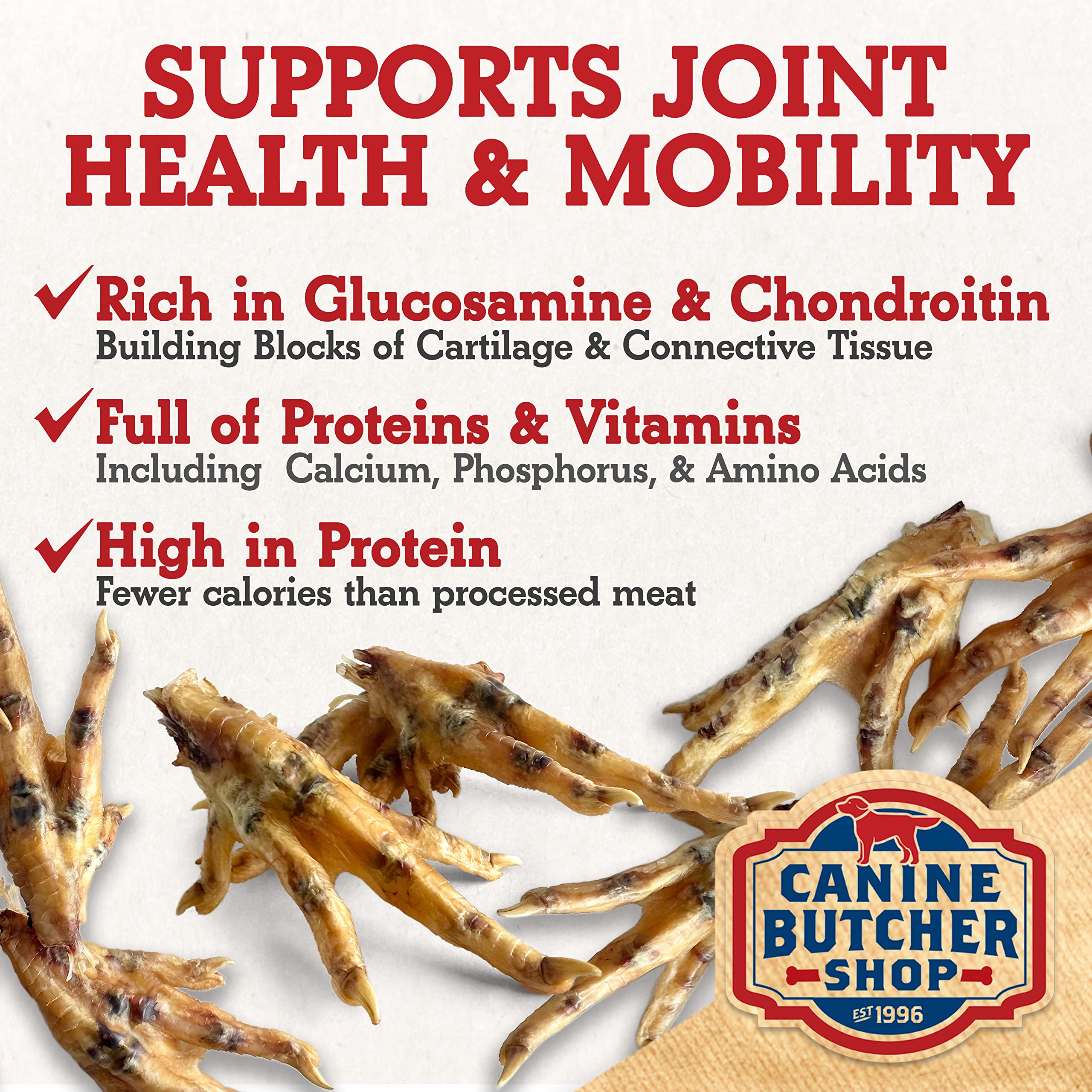 Canine Butcher Shop chicken feet bag, USA-sourced ingredients.