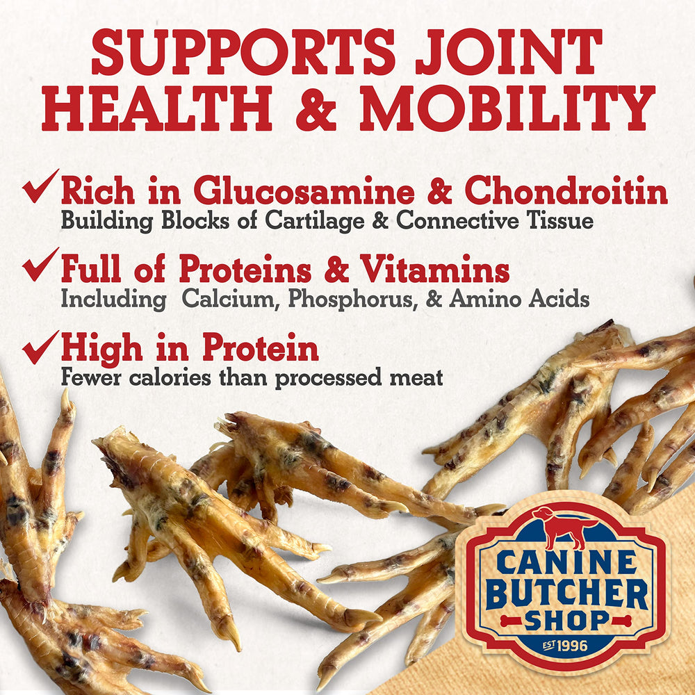 Canine Butcher Shop chicken feet bag, USA-sourced ingredients.