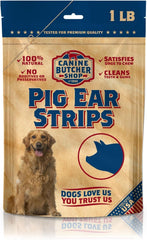 Canine Butcher Shop pig ears strips packaging shows USA-made quality for a long-lasting chew