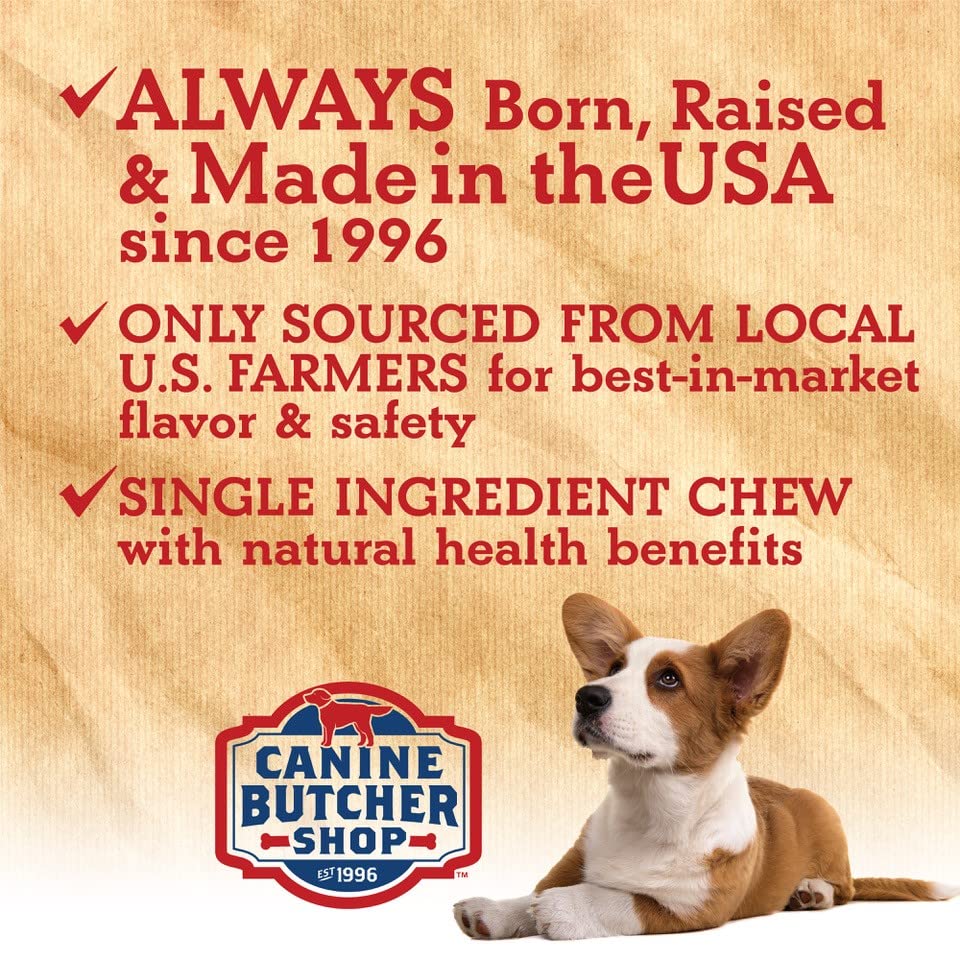 Canine Butcher Shop single-ingredient USA pig ear strip closeup emphasizes simple natural chew