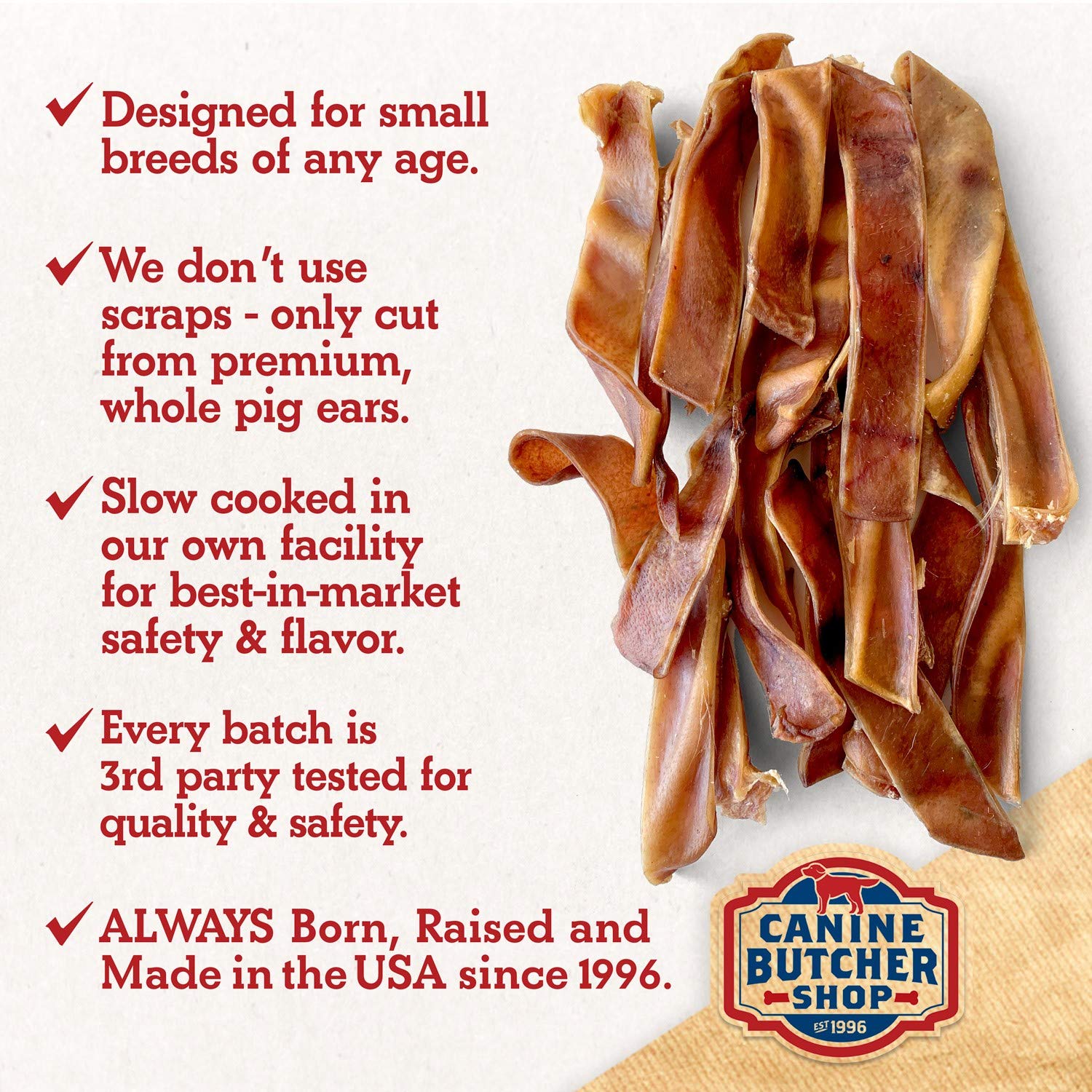 Canine Butcher Shop slow-cooked pig ear image shows safe digestible chewing experience